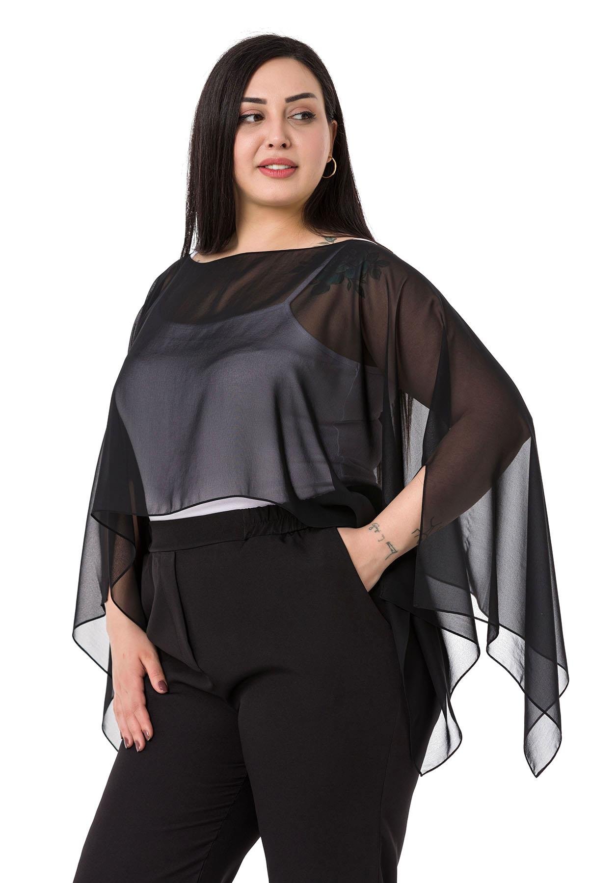 Büyük Beden Asimetrik Kesim Şifon Siyah Pelerin Bolero