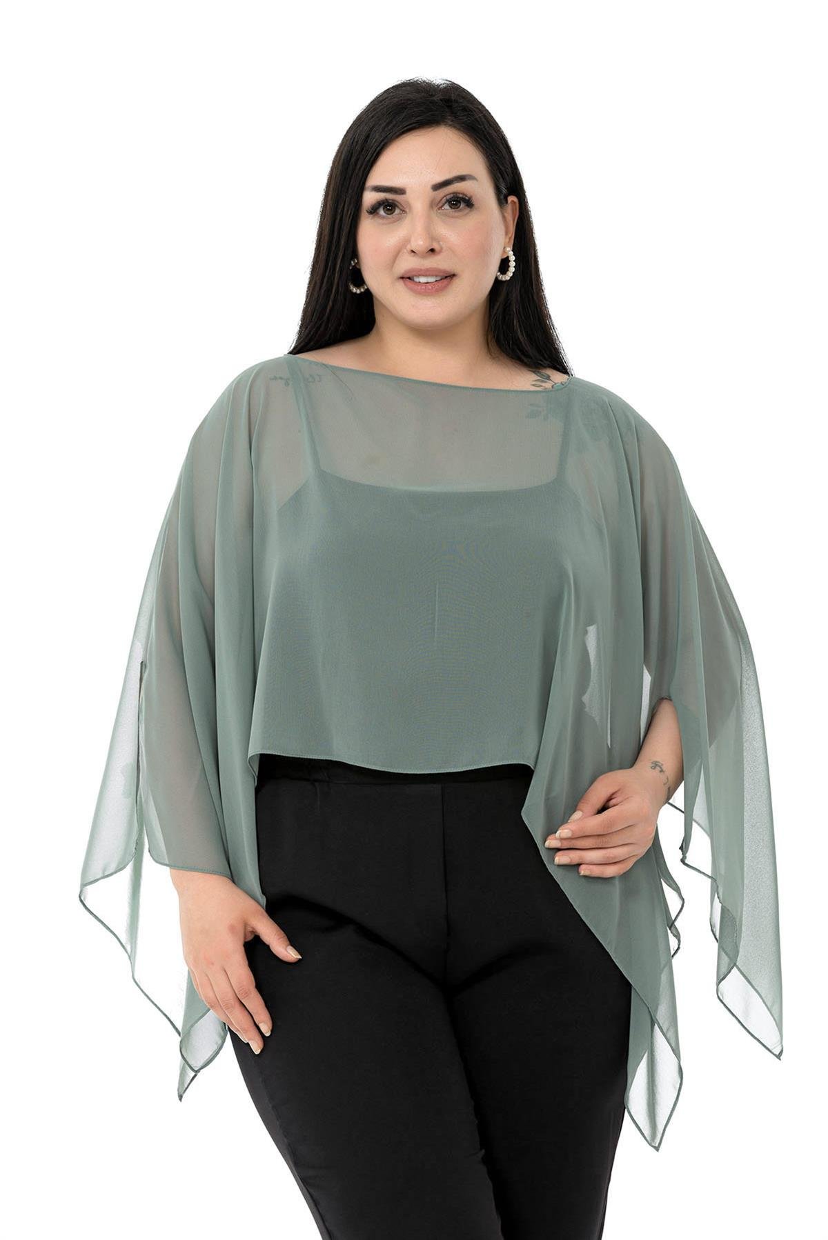 Büyük Beden Asimetrik Kesim Şifon Su Yeşili Pelerin Bolero
