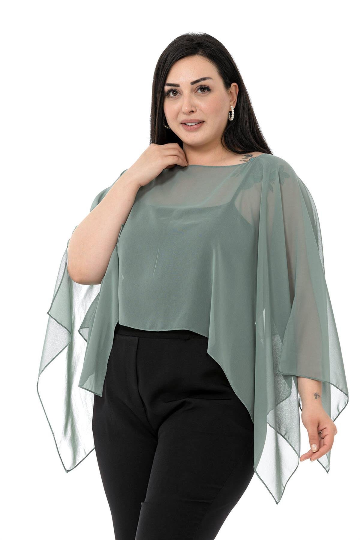 Büyük Beden Asimetrik Kesim Şifon Su Yeşili Pelerin Bolero