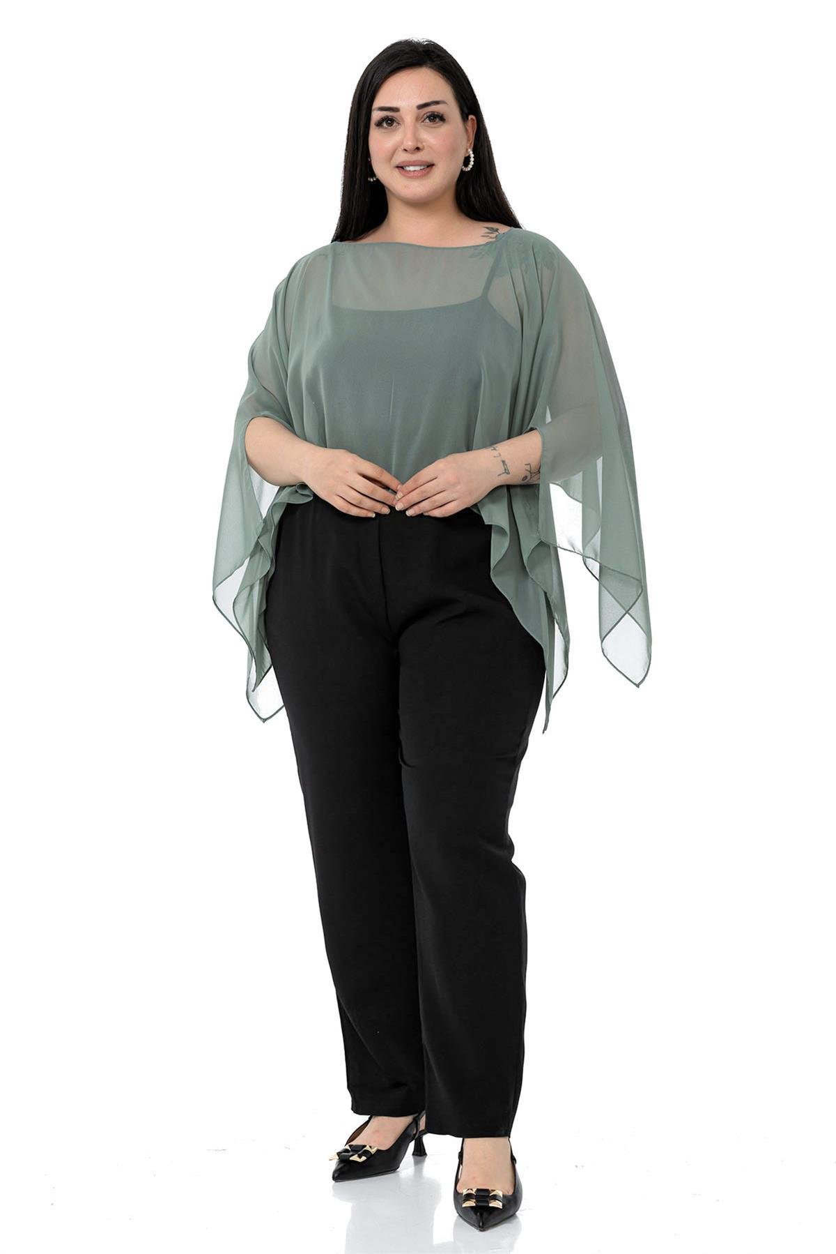 Büyük Beden Asimetrik Kesim Şifon Su Yeşili Pelerin Bolero