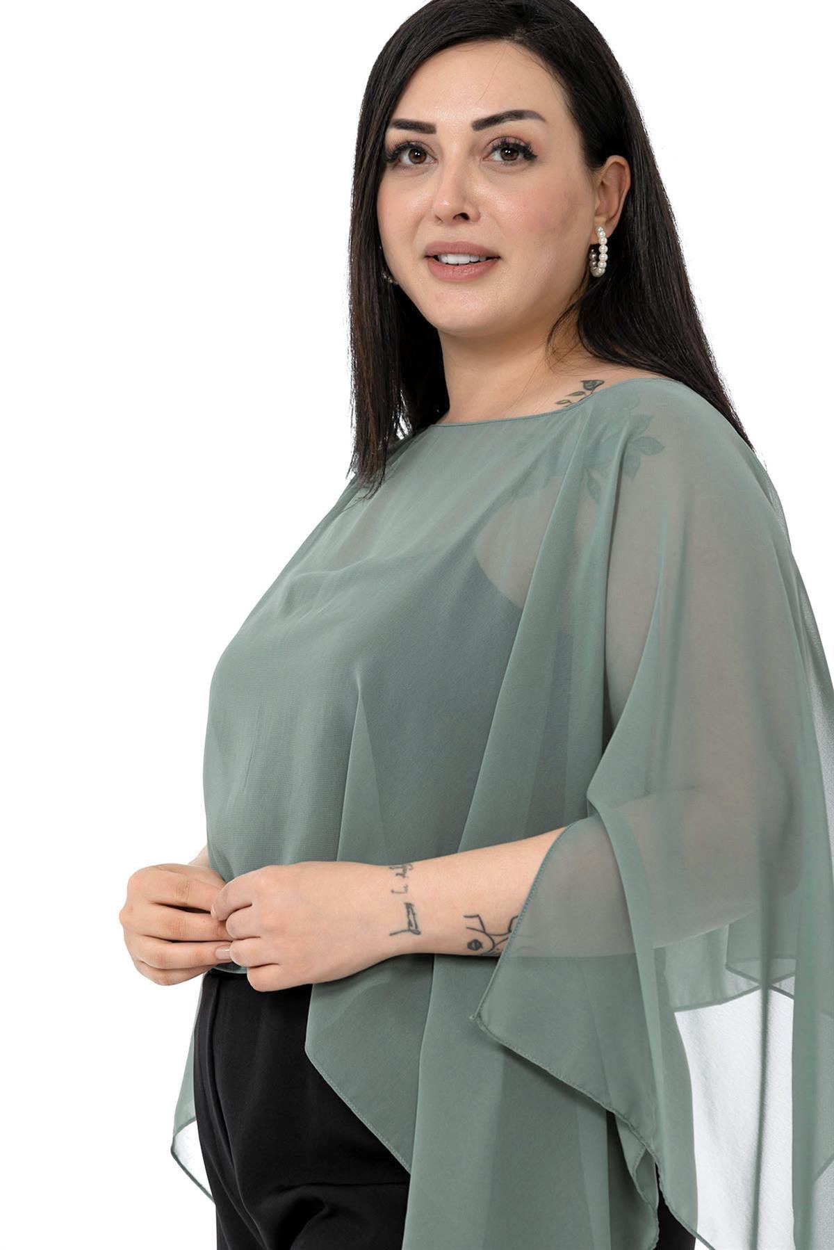 Büyük Beden Asimetrik Kesim Şifon Su Yeşili Pelerin Bolero