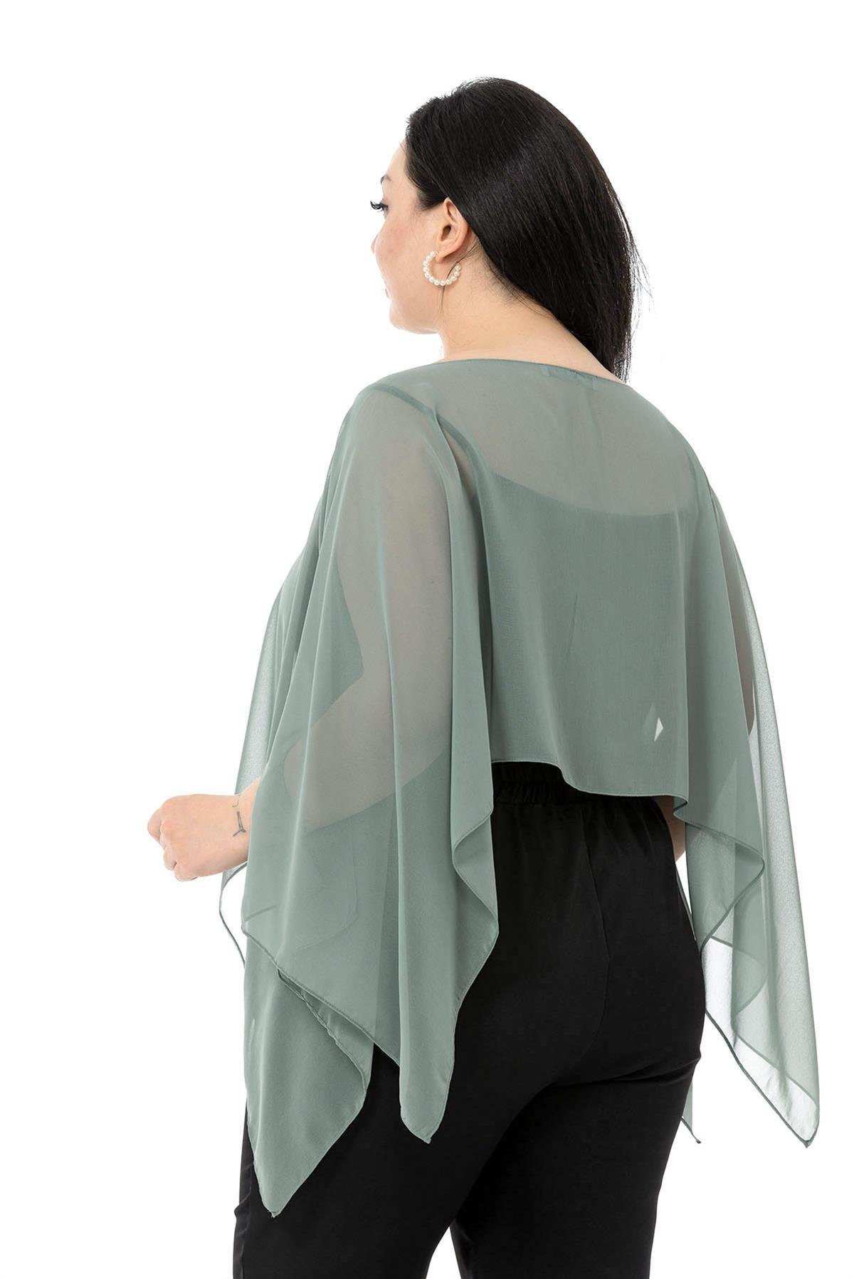Büyük Beden Asimetrik Kesim Şifon Su Yeşili Pelerin Bolero