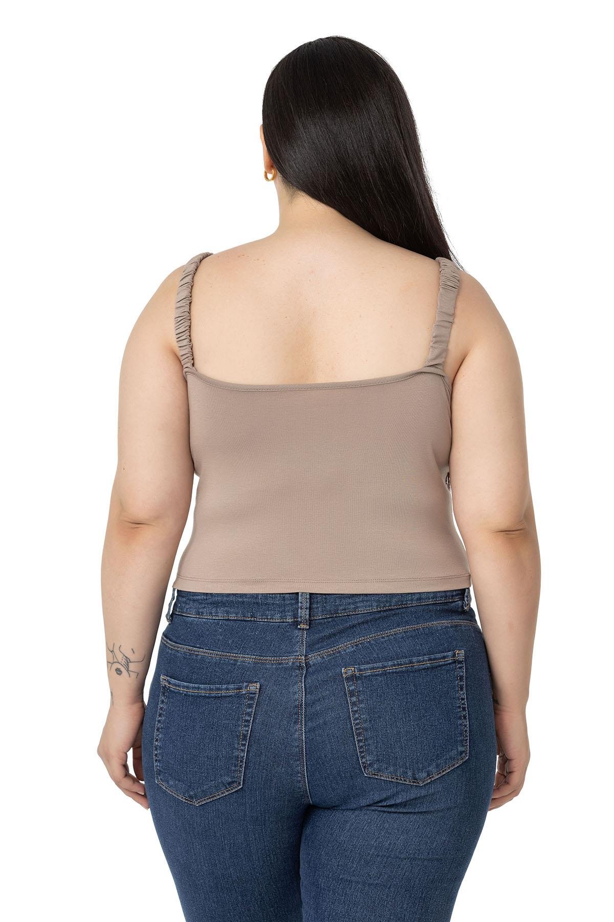 Büyük Beden Askıları Büzgülü Drapeli Crop Vizon Body