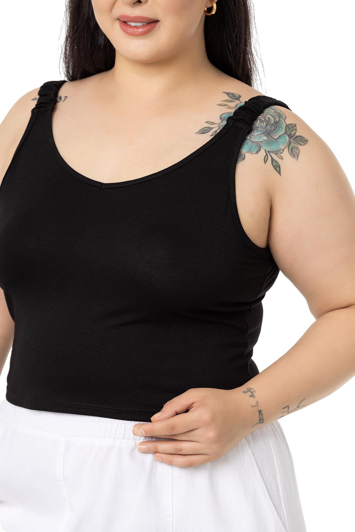 Büyük Beden Askıları Büzgülü Drapeli Crop Siyah Body