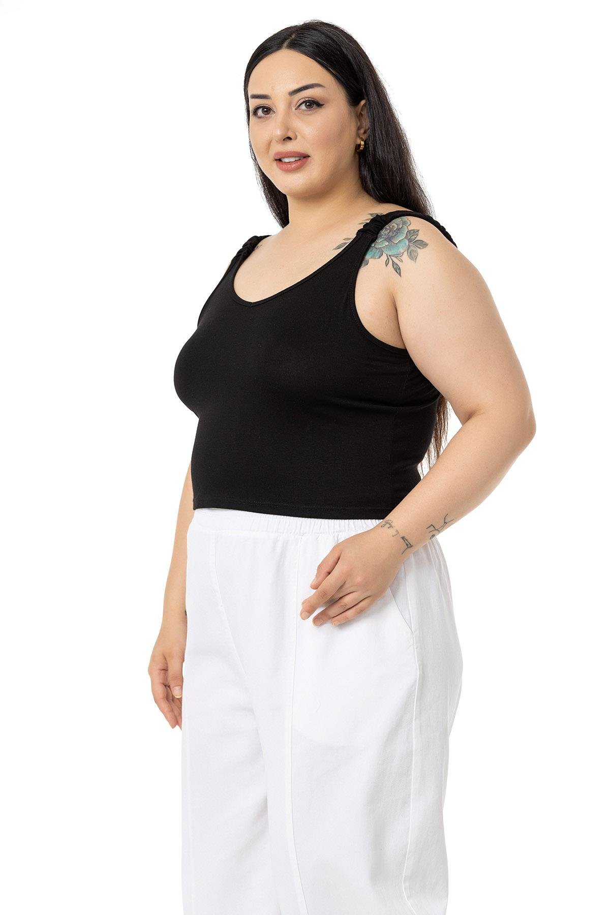 Büyük Beden Askıları Büzgülü Drapeli Crop Siyah Body