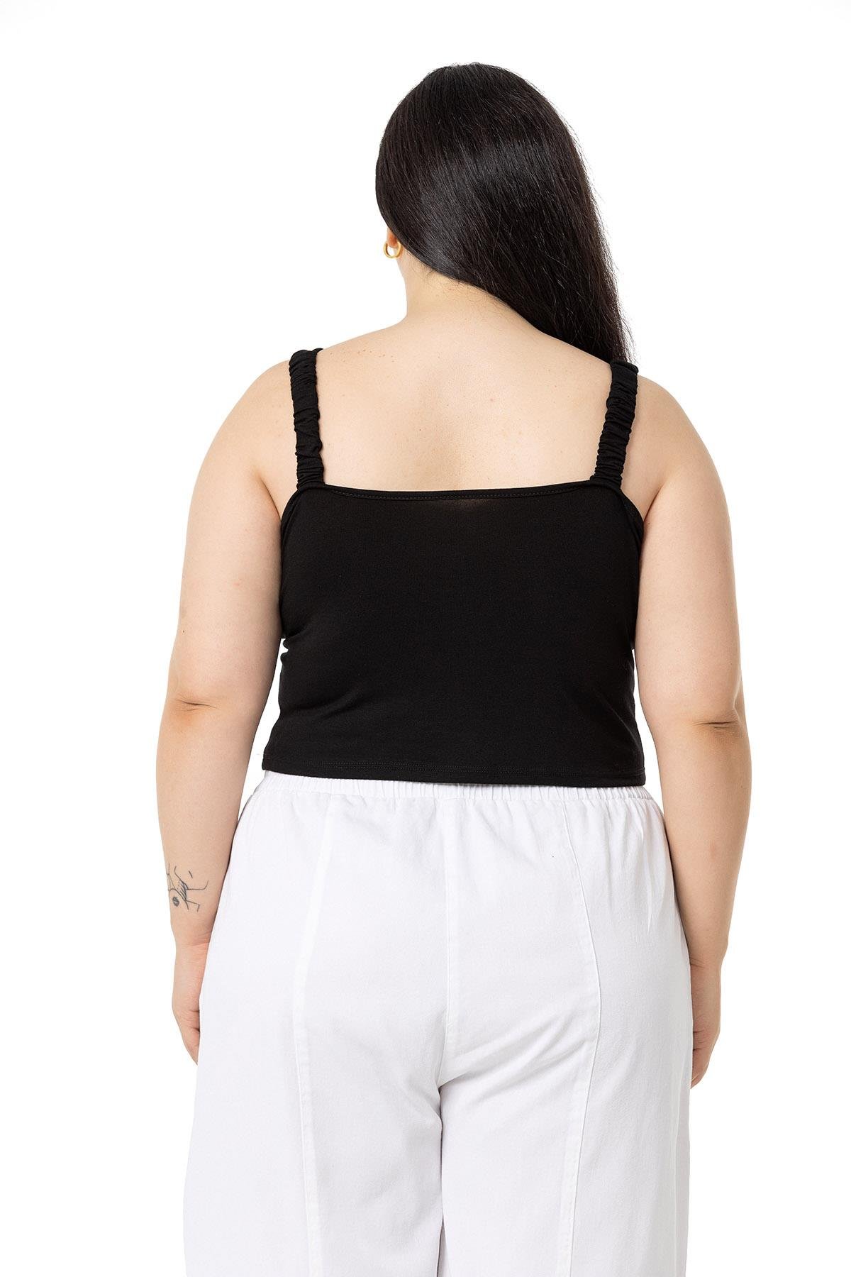 Büyük Beden Askıları Büzgülü Drapeli Crop Siyah Body