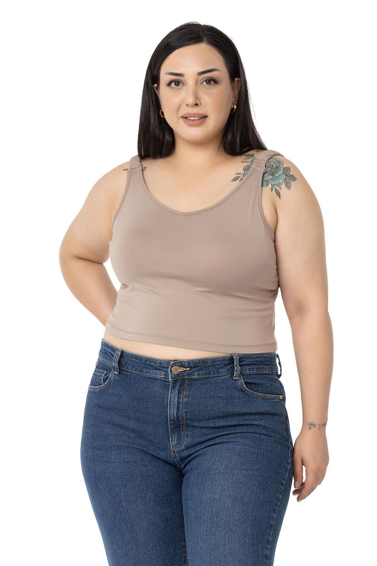 Büyük Beden Askıları Büzgülü Drapeli Crop Vizon Body