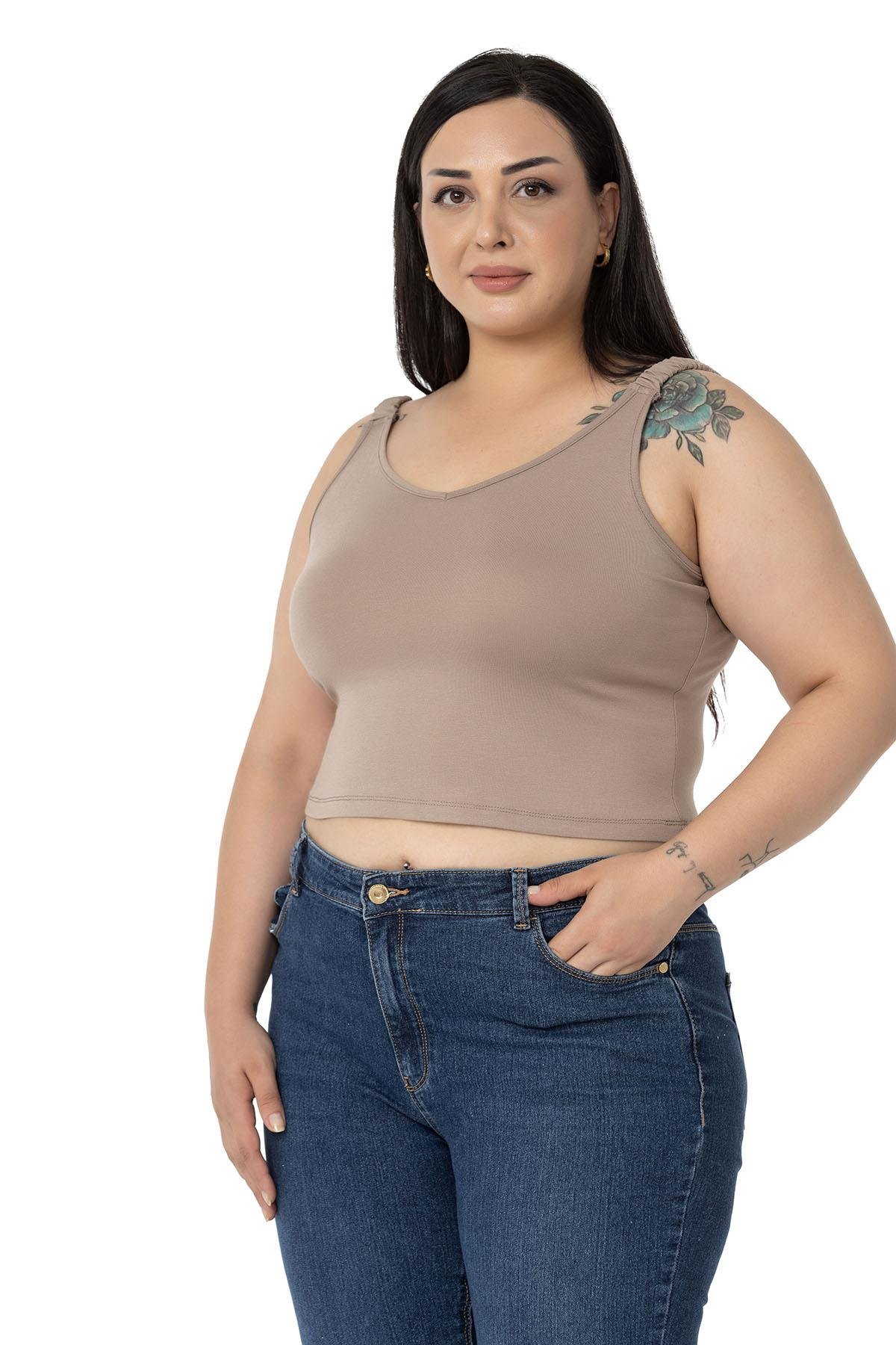 Büyük Beden Askıları Büzgülü Drapeli Crop Vizon Body