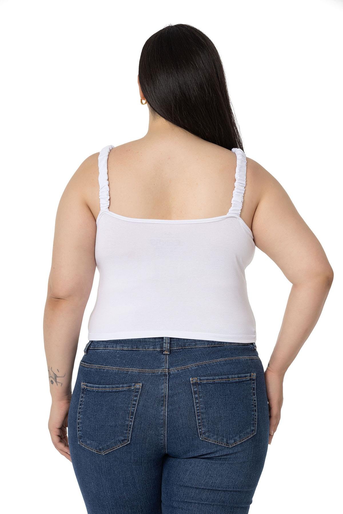 Büyük Beden Askıları Büzgülü Drapeli Crop Beyaz Body