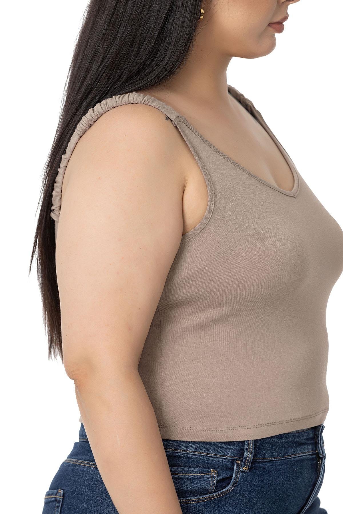 Büyük Beden Askıları Büzgülü Drapeli Crop Vizon Body