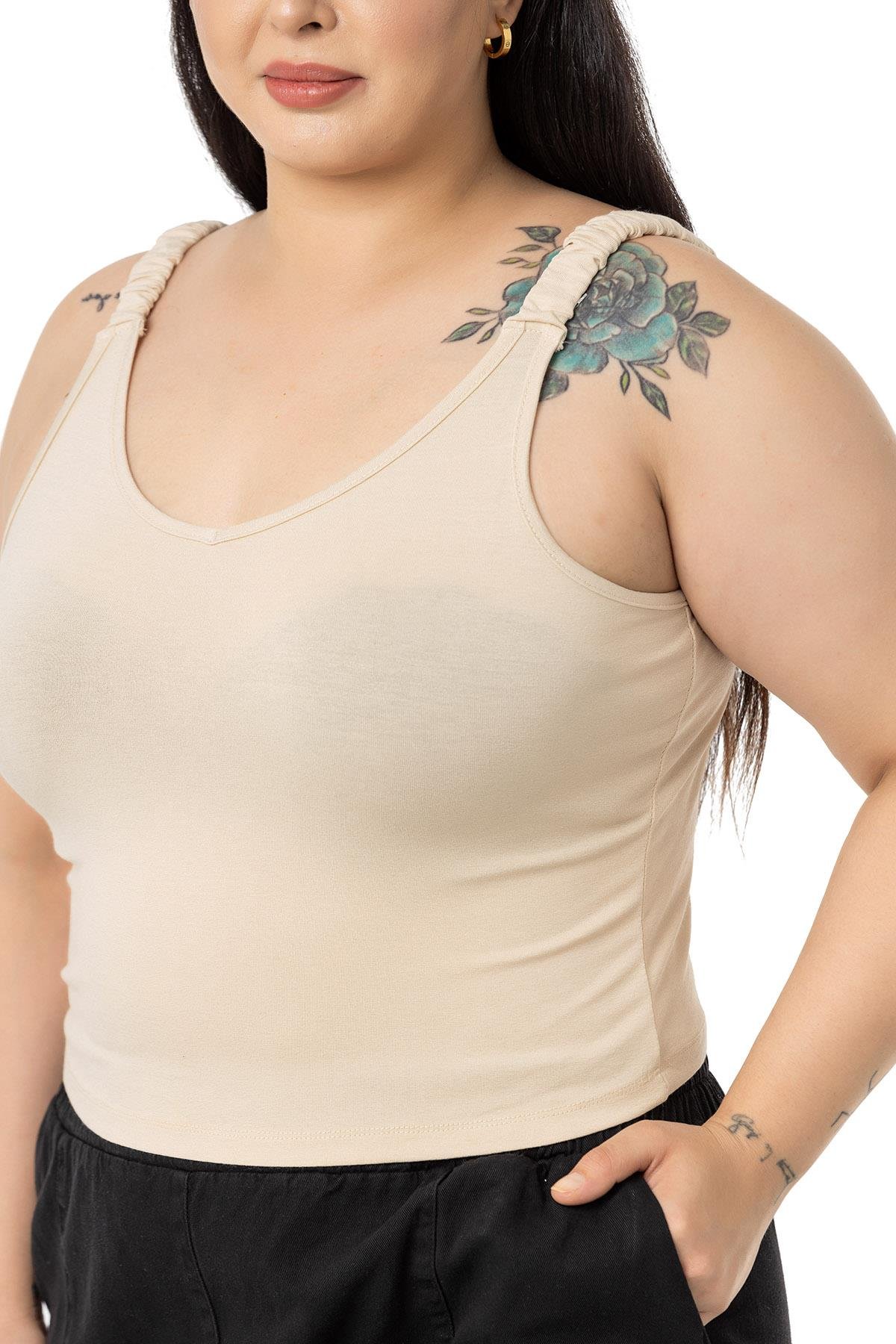 Büyük Beden Askıları Büzgülü Drapeli Crop Bej Rengi Body