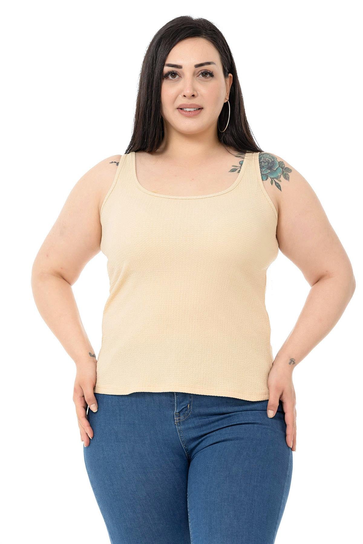 Büyük Beden Askılı Bürümcük Bej Body