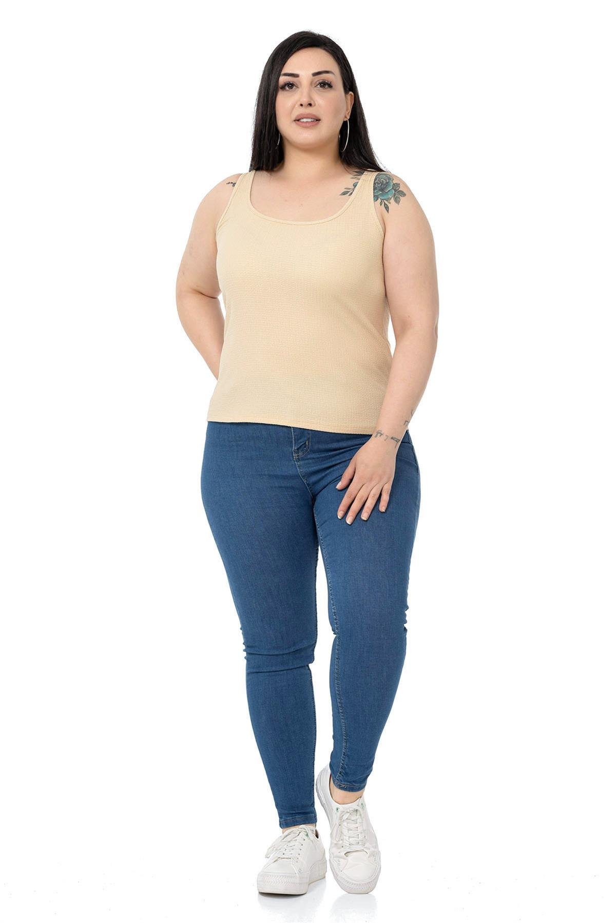 Büyük Beden Askılı Bürümcük Bej Body