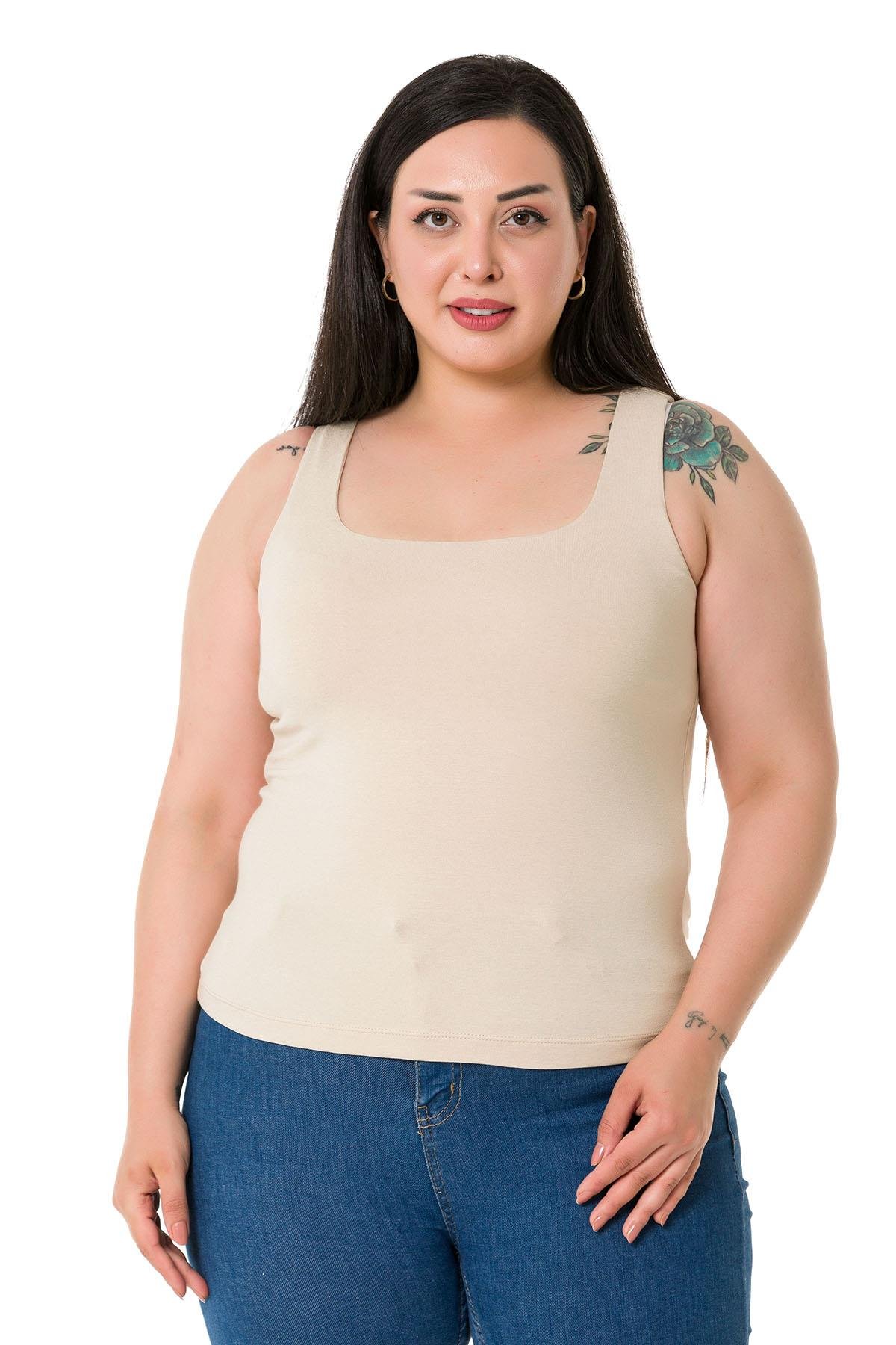 Büyük Beden Askılı Yarım Astarlı Viskon Bej Rengi Body