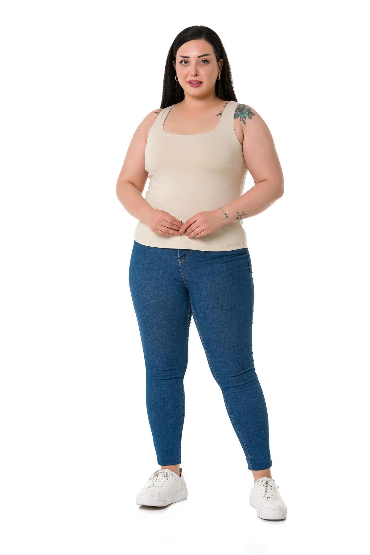 Büyük Beden Askılı Yarım Astarlı Viskon Bej Rengi Body