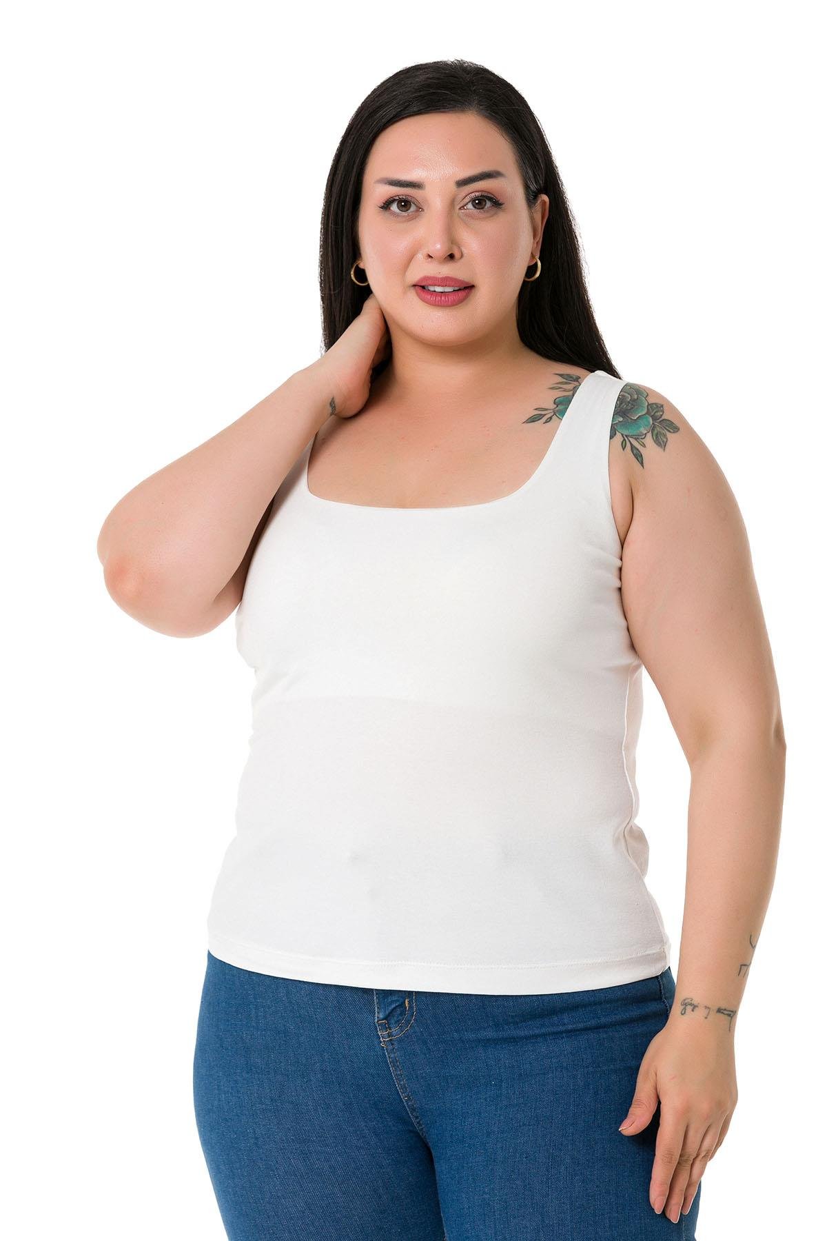 Büyük Beden Askılı Yarım Astarlı Viskon Ekru Body