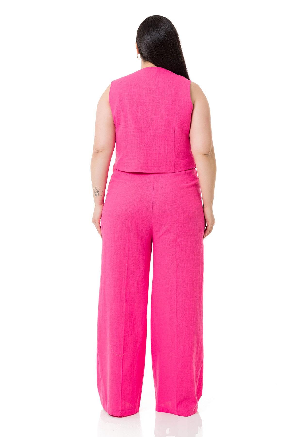 Büyük Beden Astarlı Yelek Pantolon Keten Pembe Takım