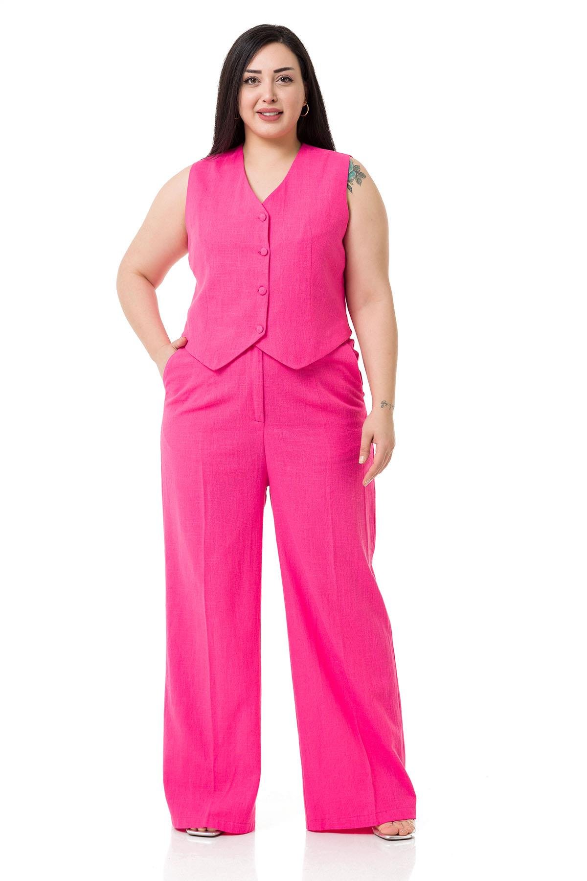 Büyük Beden Astarlı Yelek Pantolon Keten Pembe Takım