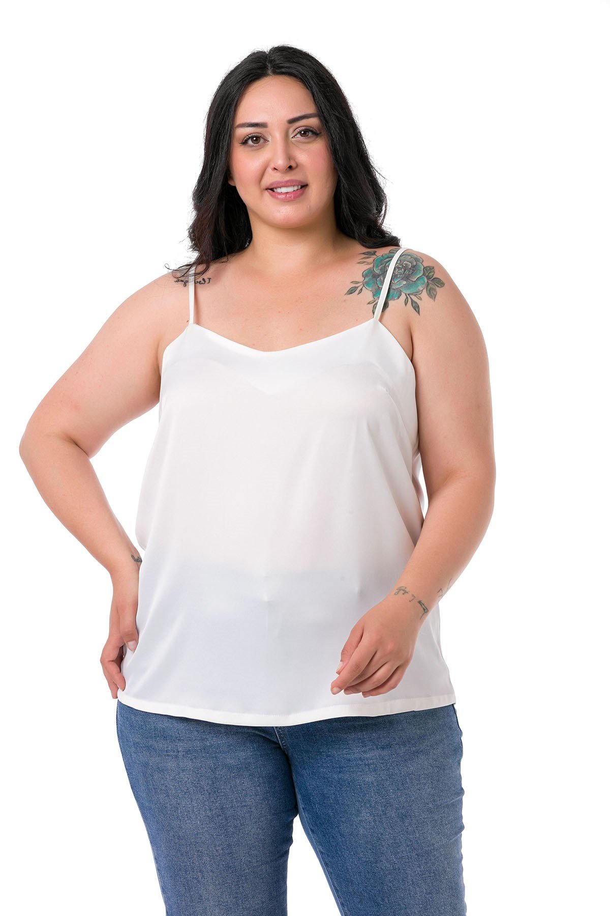 Büyük Beden Ayarlanabilir İnce Askılı Saten Beyaz Bluz