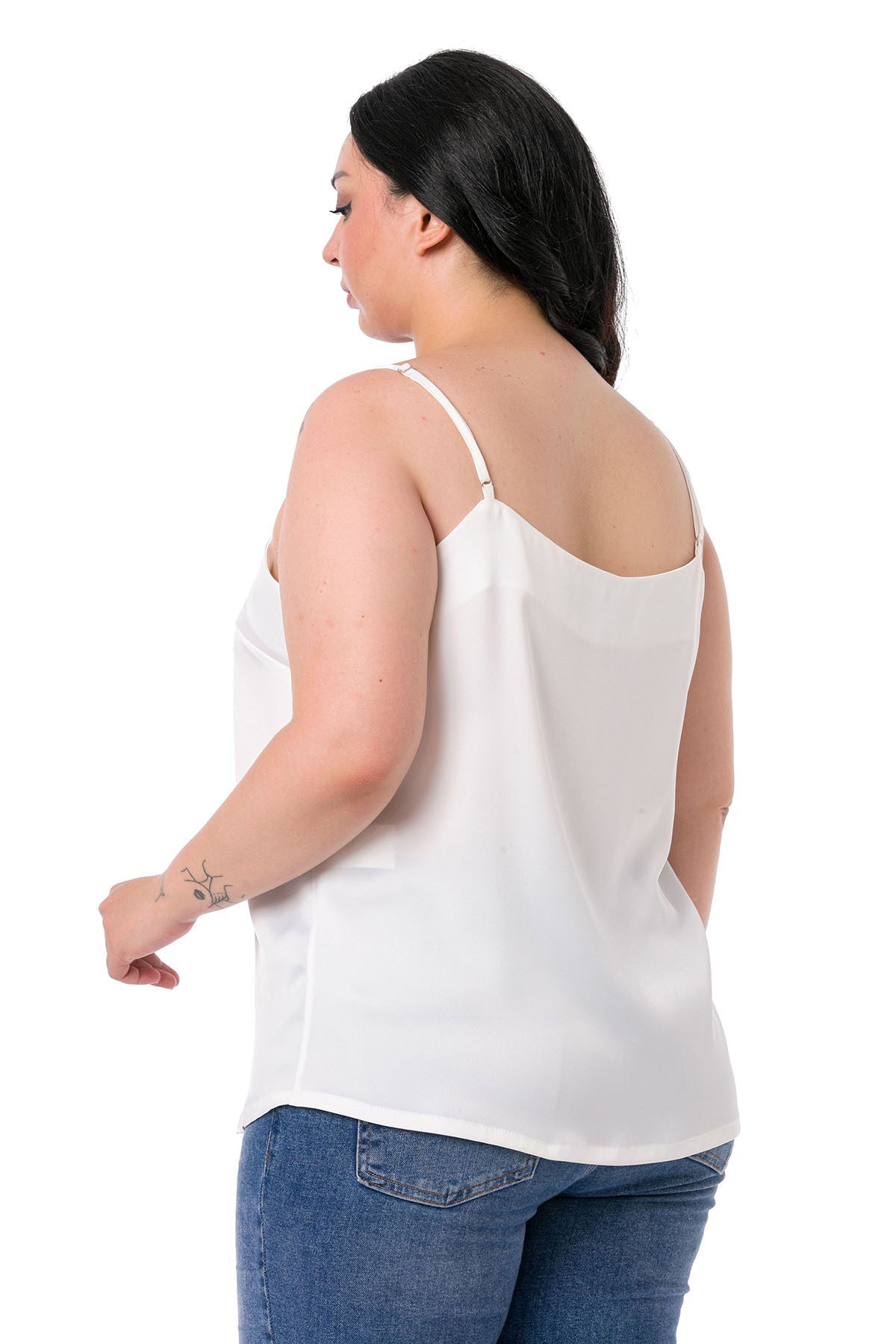 Büyük Beden Ayarlanabilir İnce Askılı Saten Beyaz Bluz