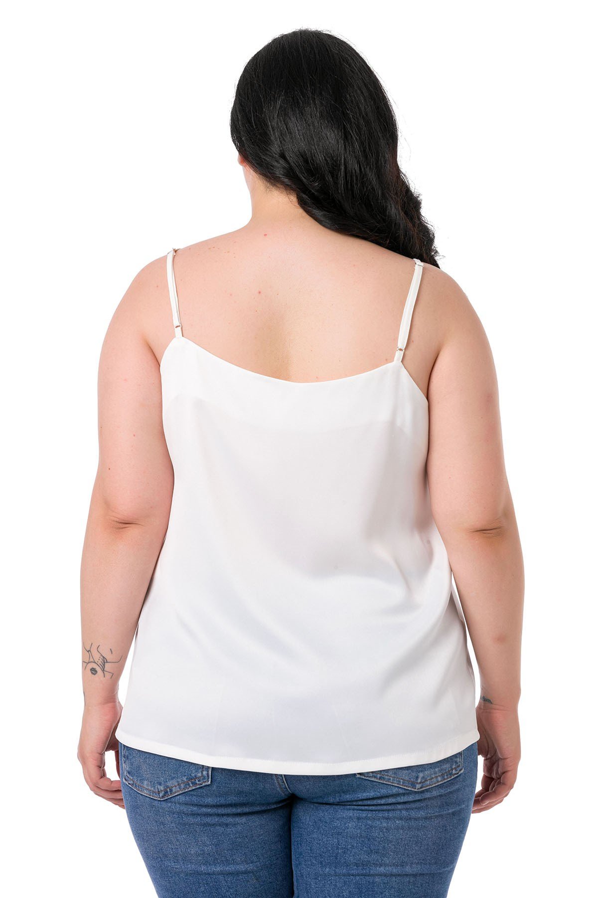 Büyük Beden Ayarlanabilir İnce Askılı Saten Beyaz Bluz