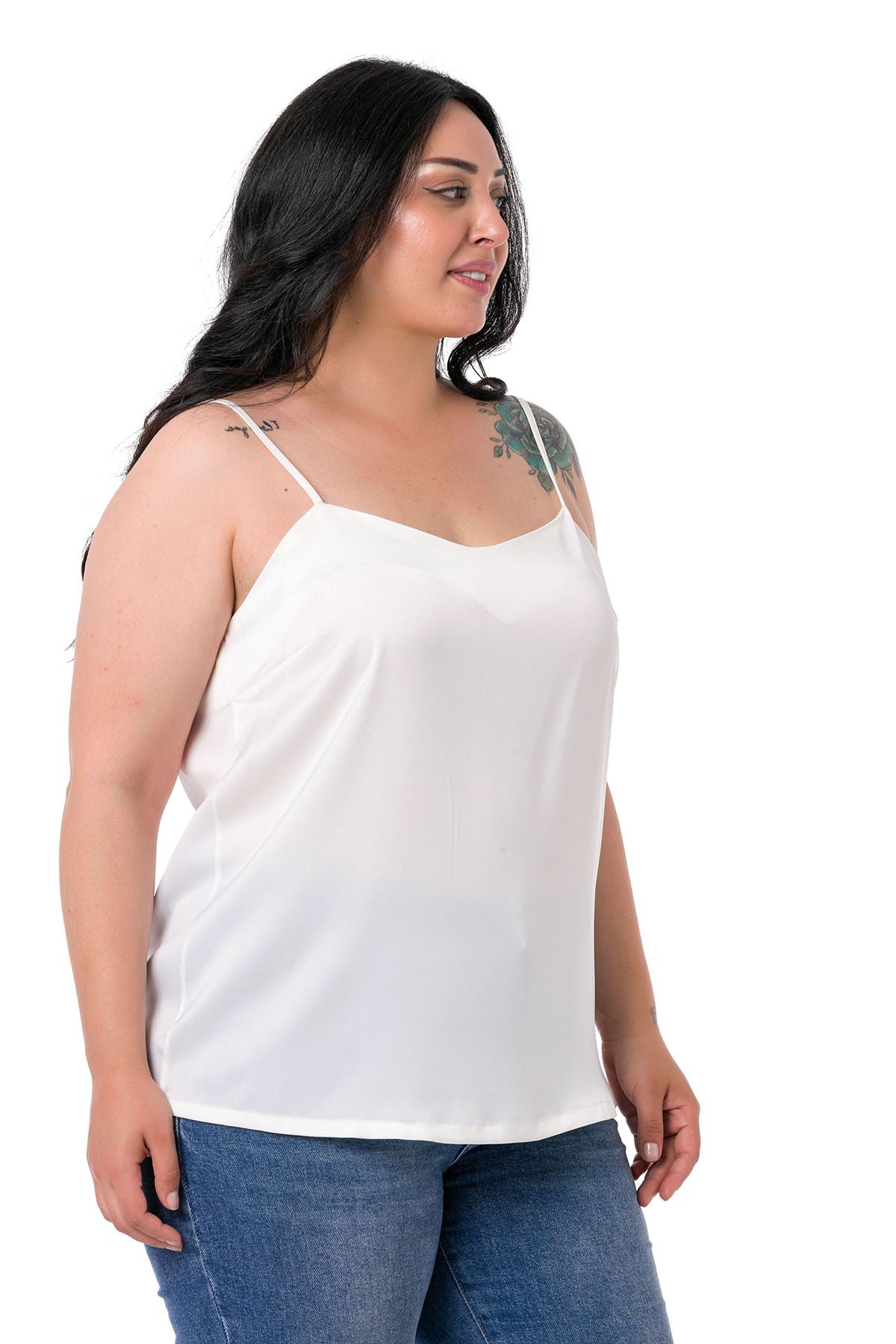 Büyük Beden Ayarlanabilir İnce Askılı Saten Beyaz Bluz