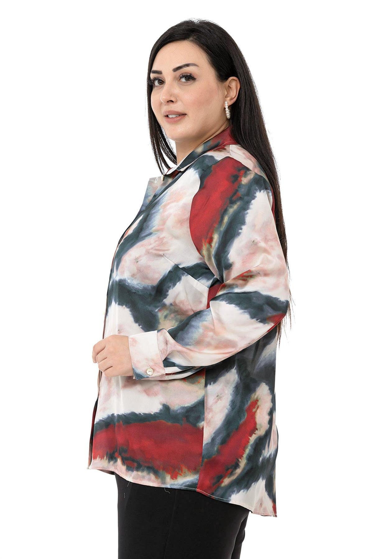 Büyük Beden Batik Desenli Saten Bordo Gömlek