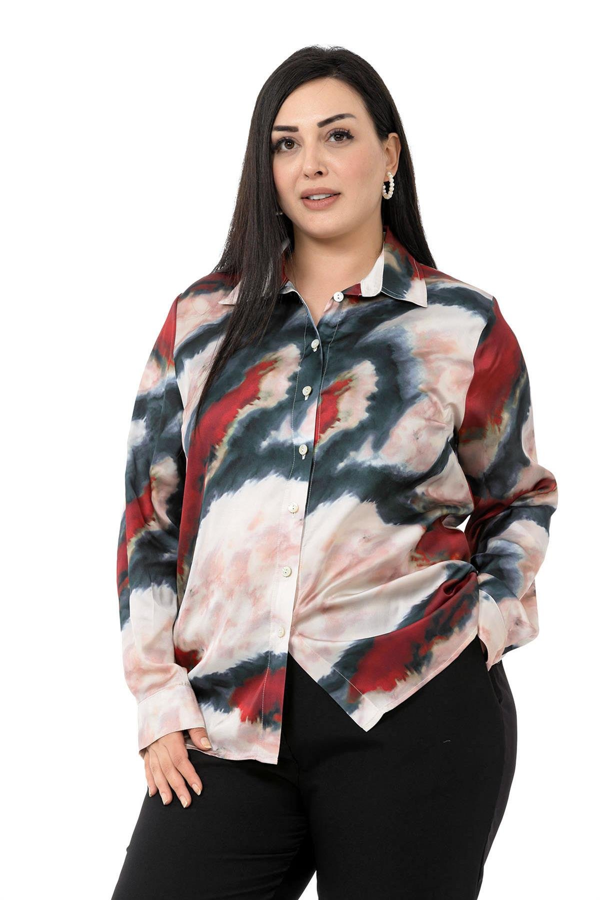 Büyük Beden Batik Desenli Saten Bordo Gömlek