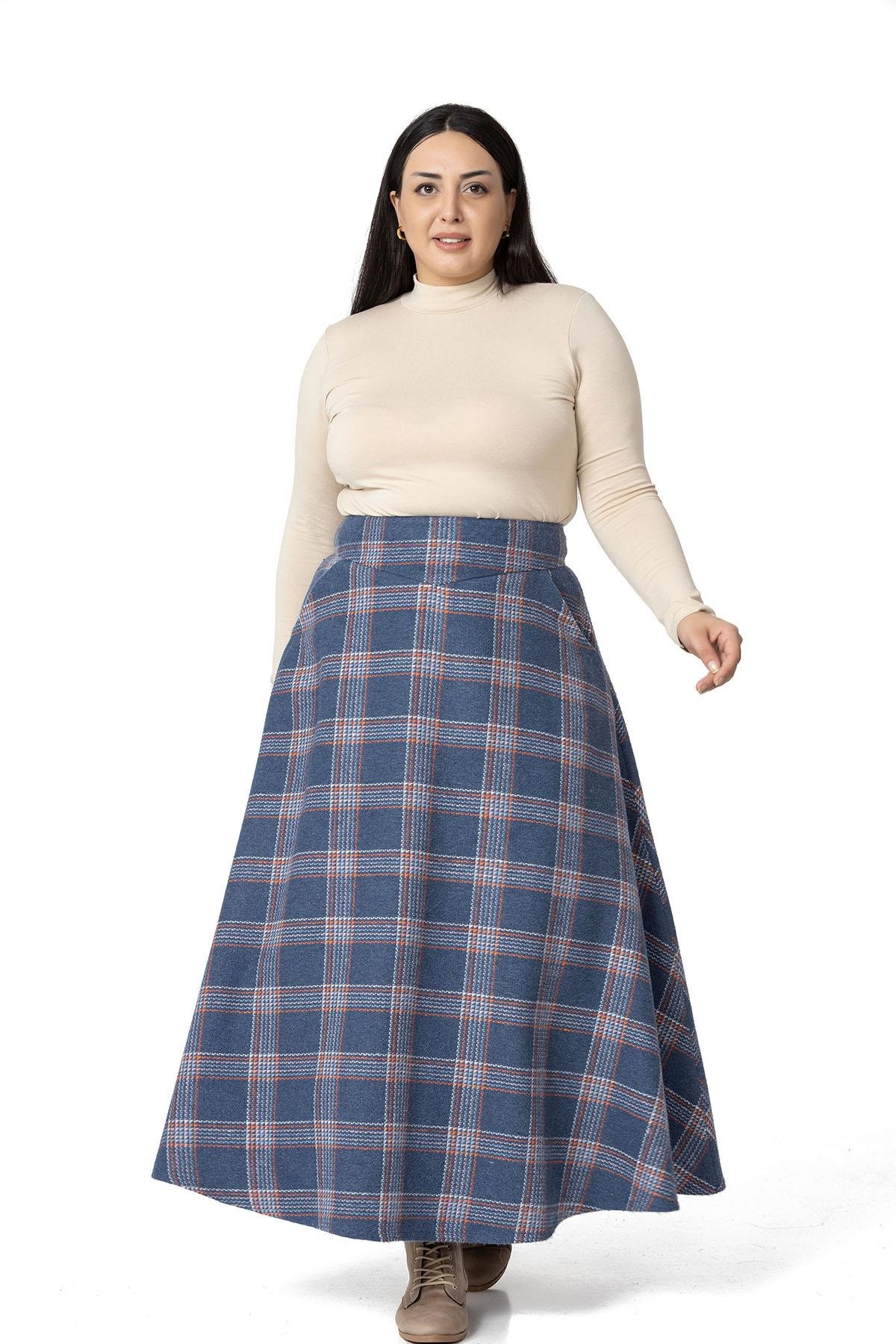 DISENTISDISENTIS MODESTBüyük Beden Bel Detaylı Cepli Fermuarlı Çan Ekose İndigo Uzun Etek