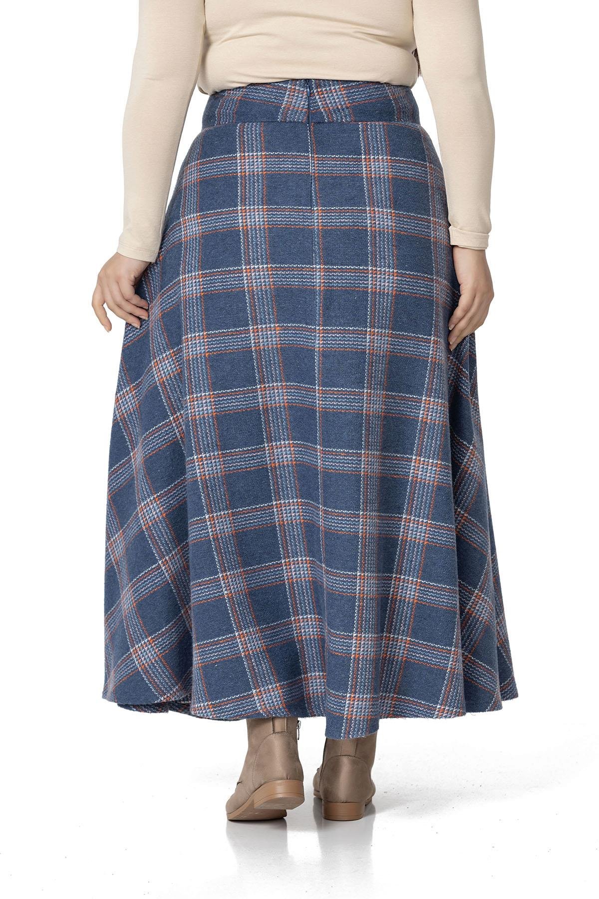 DISENTISDISENTIS MODESTBüyük Beden Bel Detaylı Cepli Fermuarlı Çan Ekose İndigo Uzun Etek