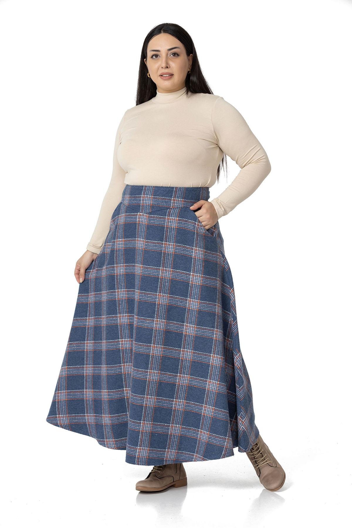 DISENTISDISENTIS MODESTBüyük Beden Bel Detaylı Cepli Fermuarlı Çan Ekose İndigo Uzun Etek