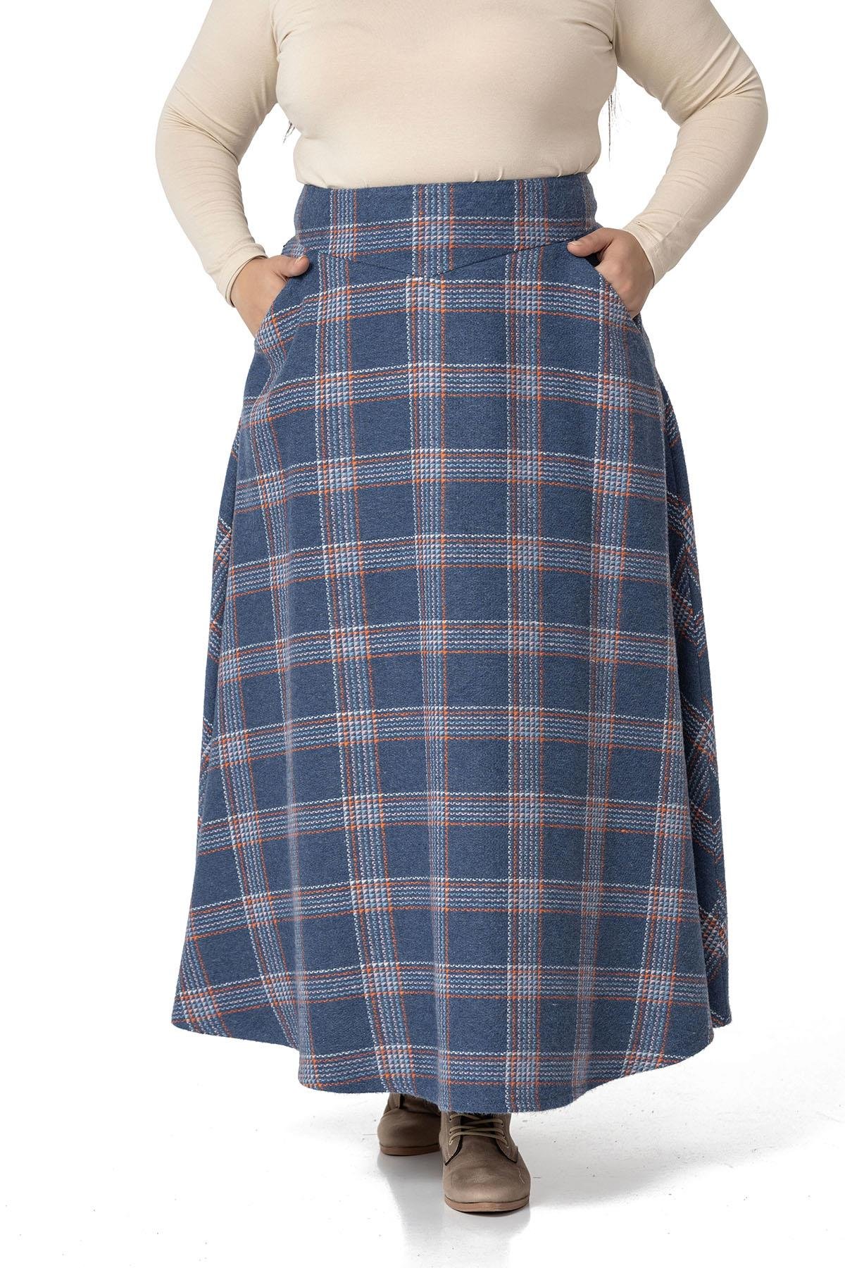 DISENTISDISENTIS MODESTBüyük Beden Bel Detaylı Cepli Fermuarlı Çan Ekose İndigo Uzun Etek