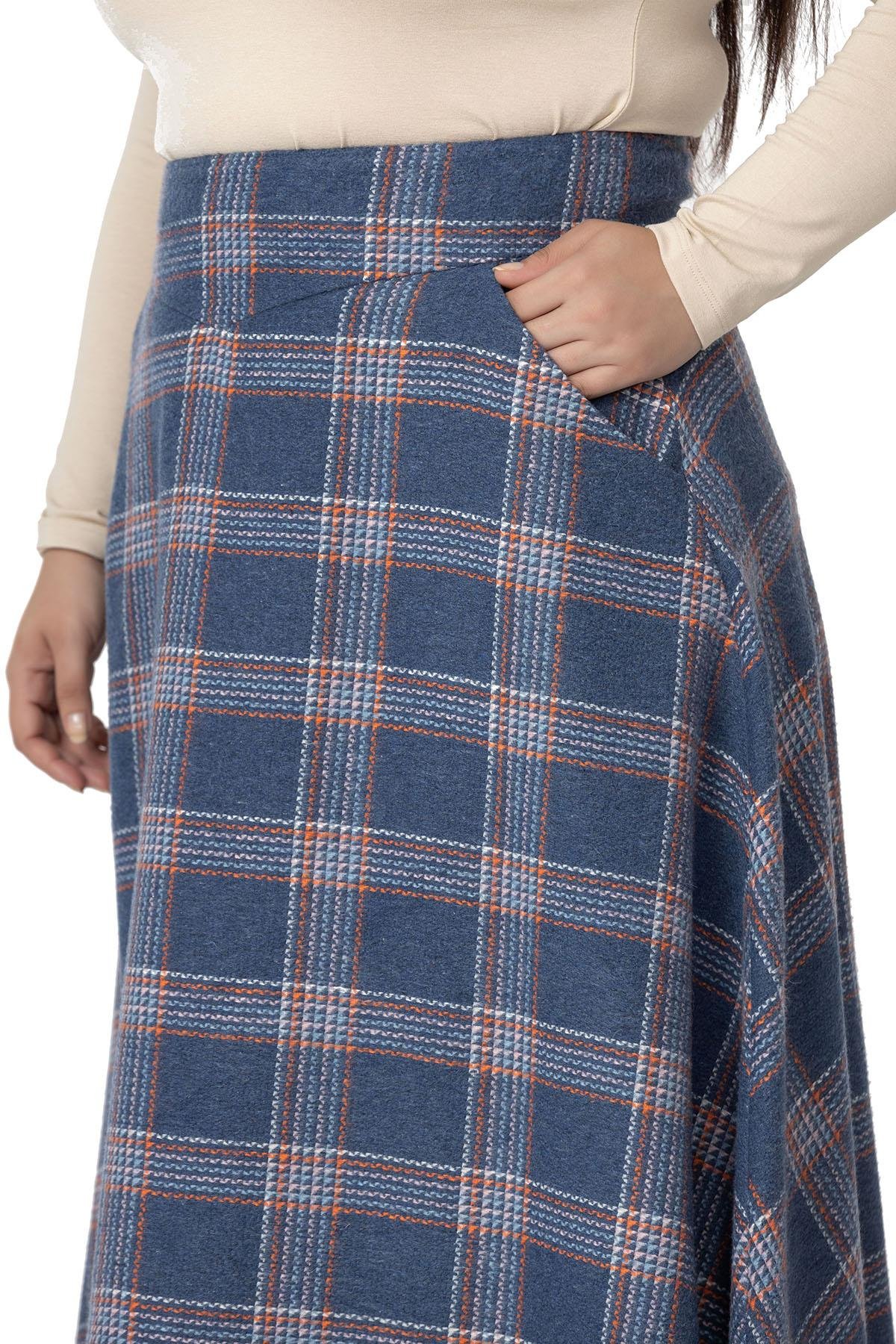 DISENTISDISENTIS MODESTBüyük Beden Bel Detaylı Cepli Fermuarlı Çan Ekose İndigo Uzun Etek