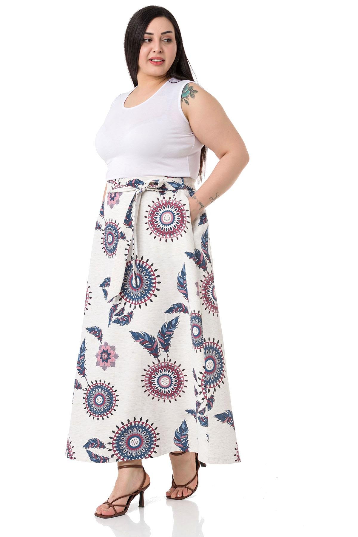 Büyük Beden Beli Arkadan Lastikli Kuşaklı Cepli Kloş İndigo Desenli Etek