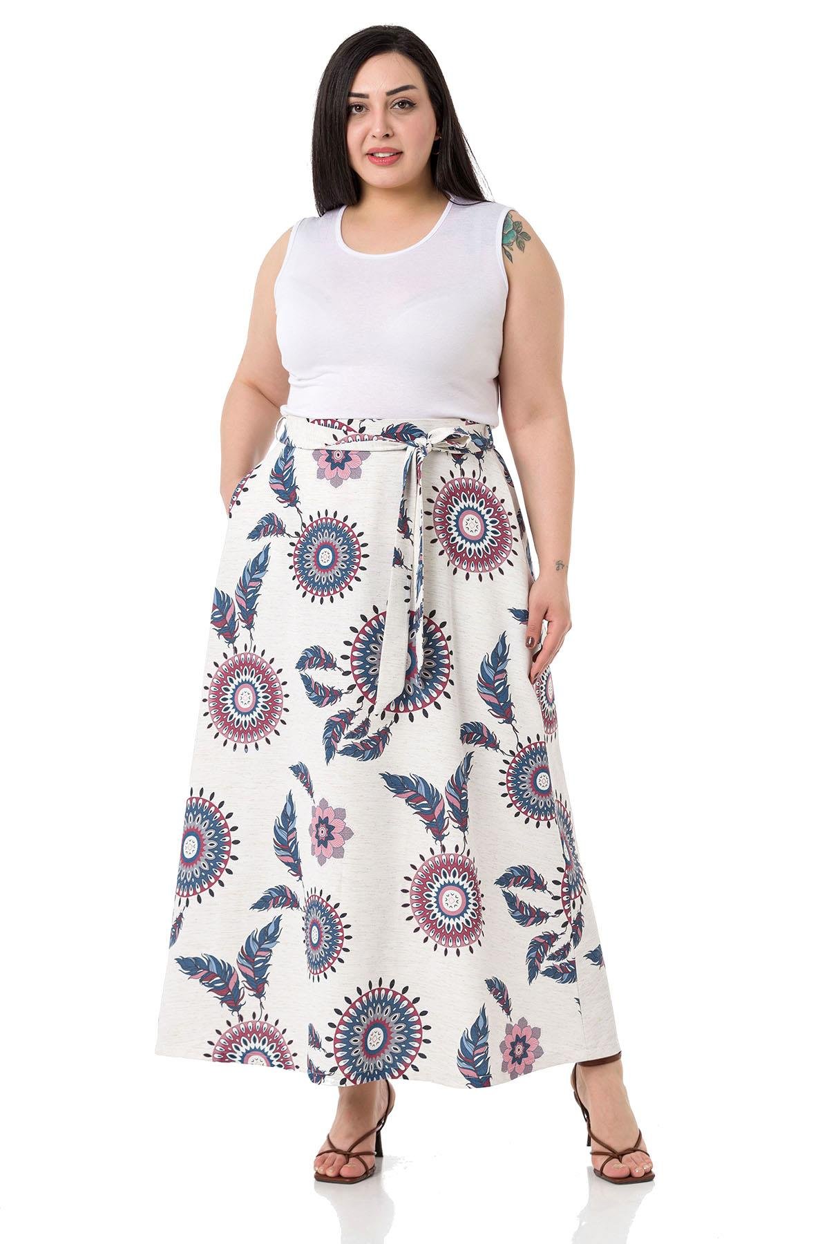 Büyük Beden Beli Arkadan Lastikli Kuşaklı Cepli Kloş İndigo Desenli Etek