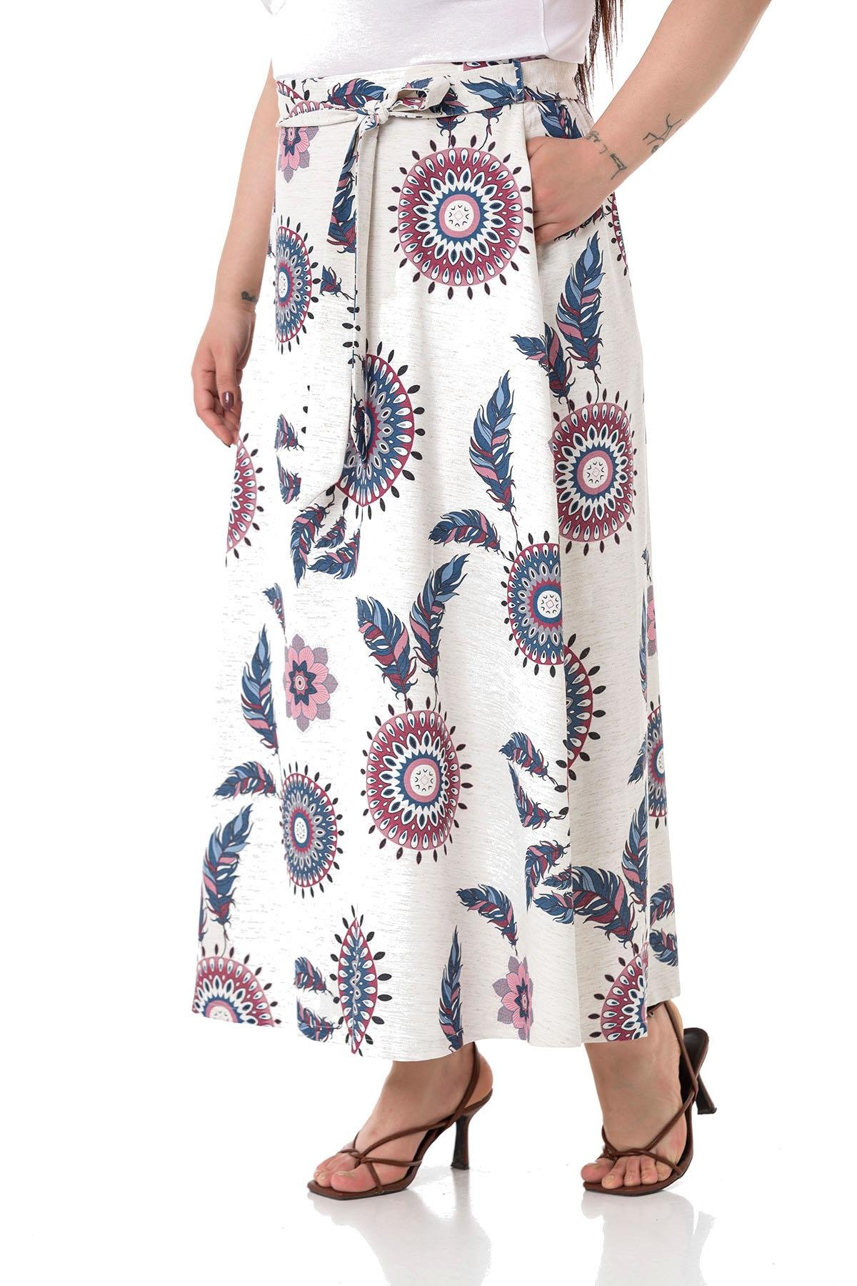 Büyük Beden Beli Arkadan Lastikli Kuşaklı Cepli Kloş İndigo Desenli Etek