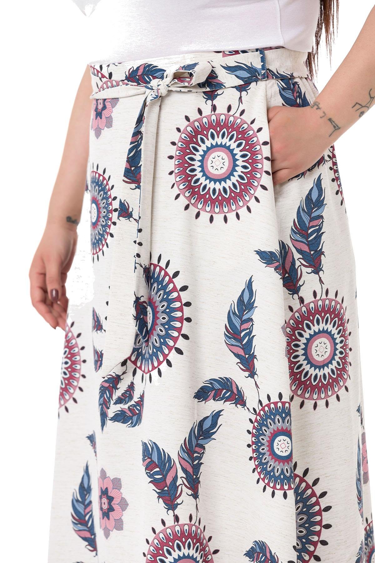 Büyük Beden Beli Arkadan Lastikli Kuşaklı Cepli Kloş İndigo Desenli Etek