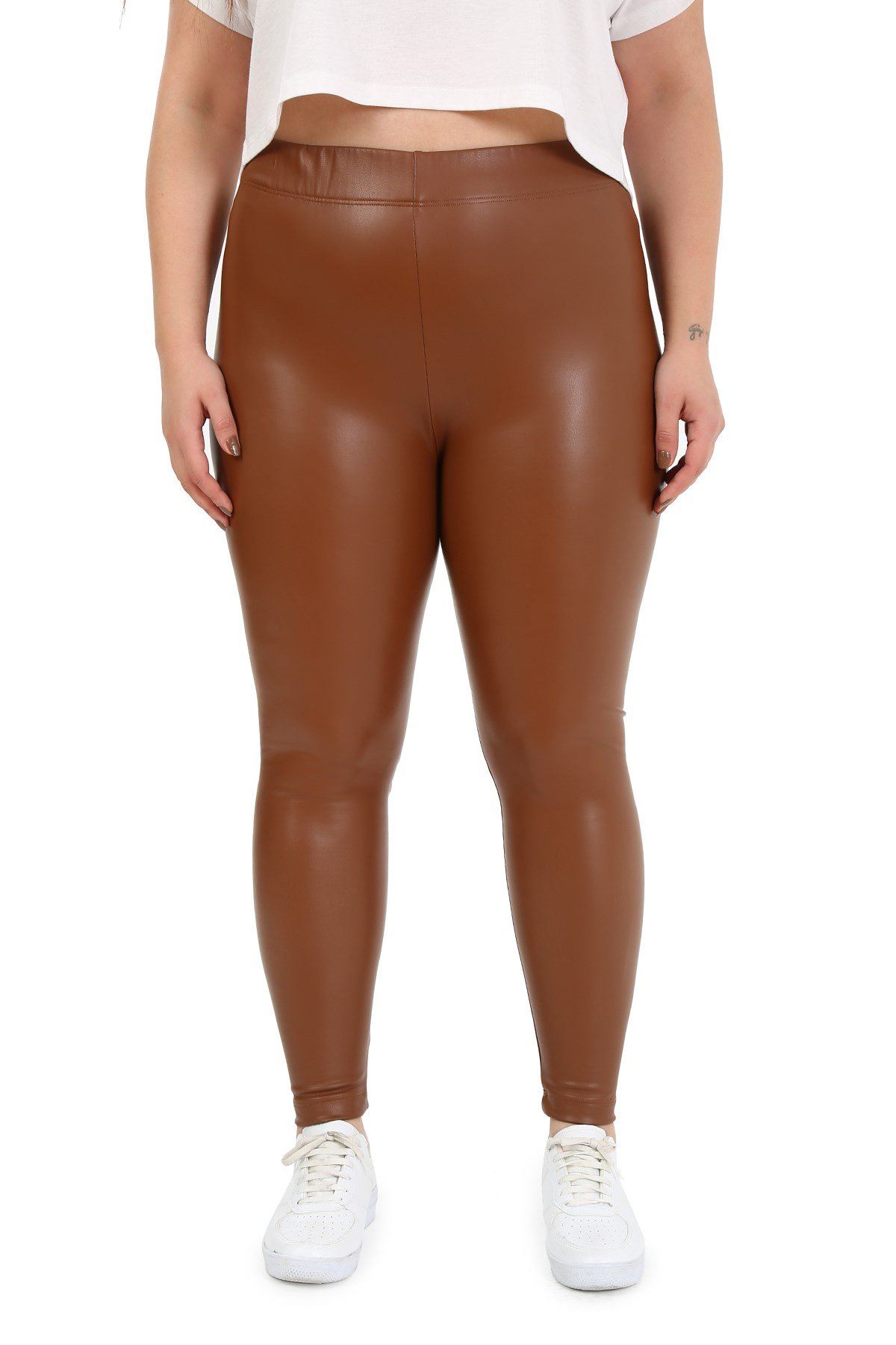 Büyük Beden Beli Lastikli Bilek Hizasında Kahverengi Deri Tayt