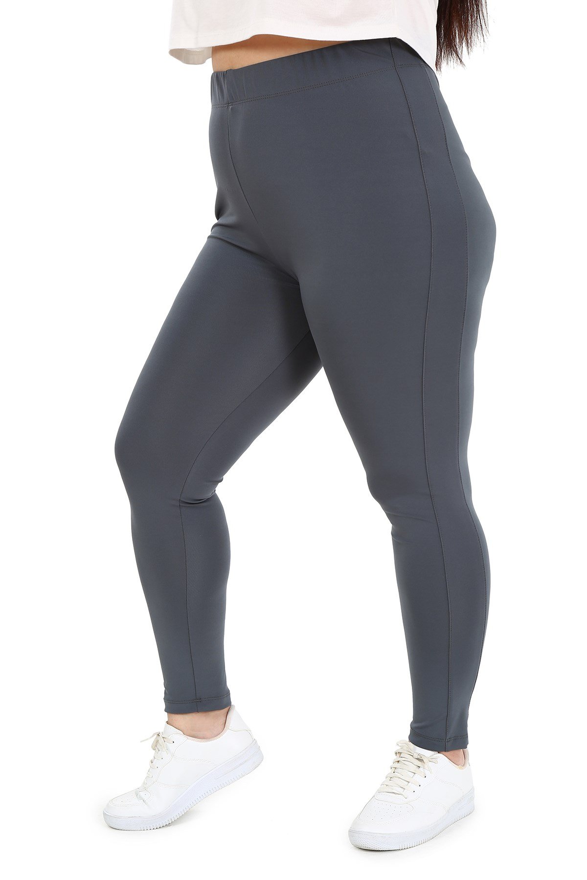 Büyük Beden Beli Lastikli Bilek Hizasında Panelli Gri Bayan Tayt