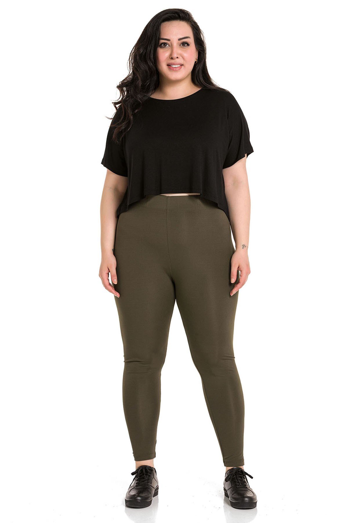 Büyük Beden Beli Lastikli Bilek Hizasında Haki Bayan Tayt