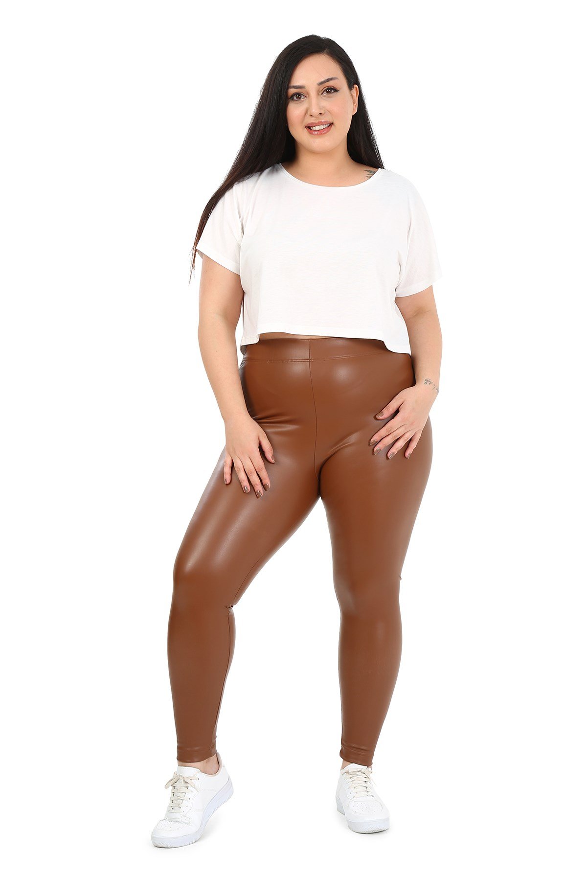 Büyük Beden Beli Lastikli Bilek Hizasında Kahverengi Deri Tayt