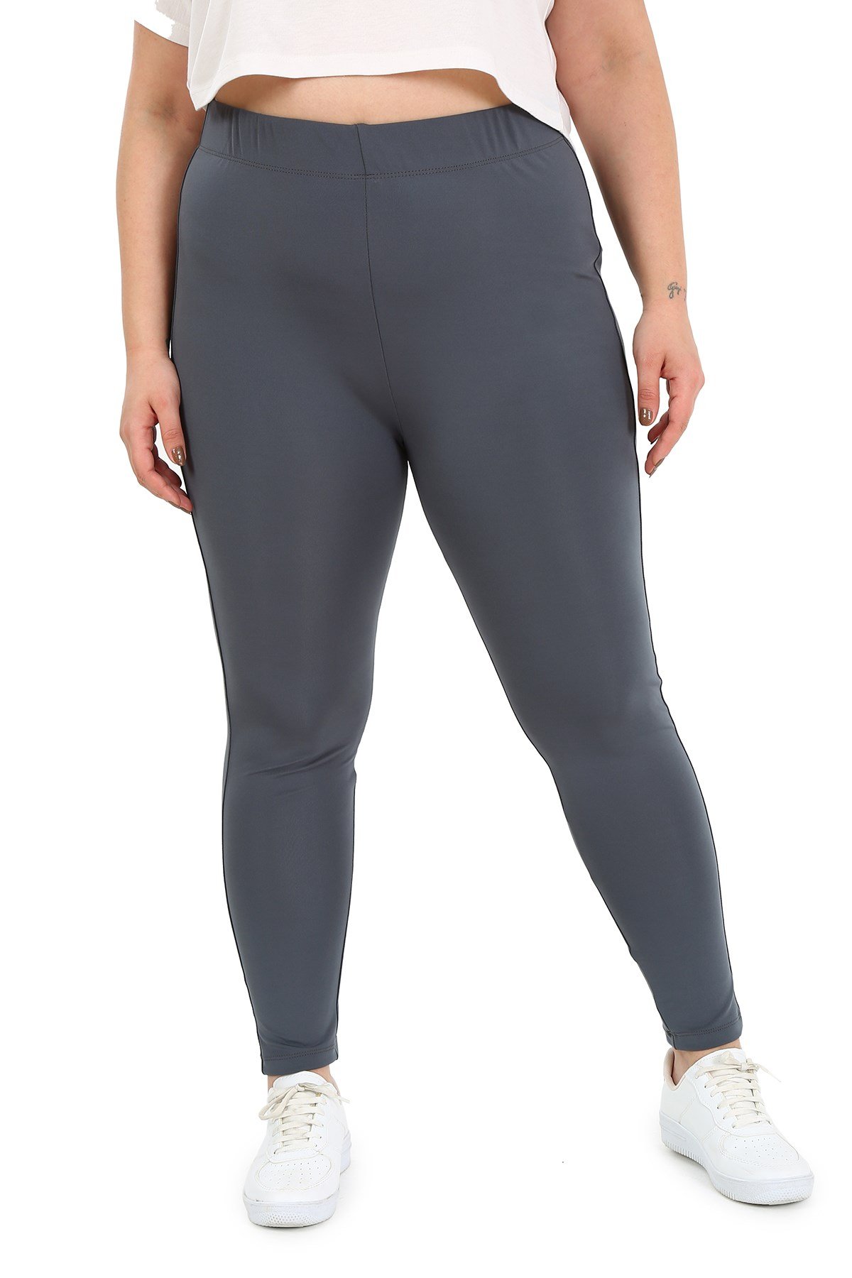 Büyük Beden Beli Lastikli Bilek Hizasında Panelli Gri Bayan Tayt