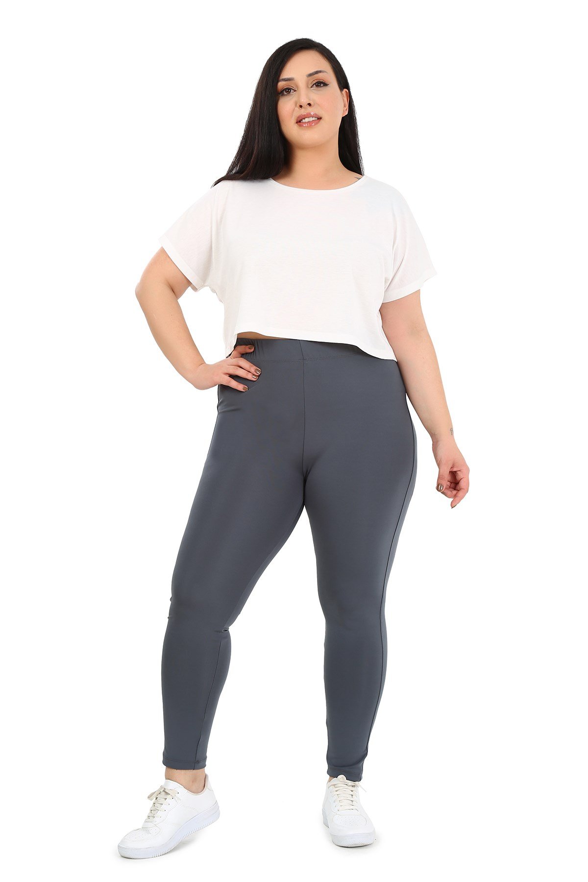 Büyük Beden Beli Lastikli Bilek Hizasında Panelli Gri Bayan Tayt