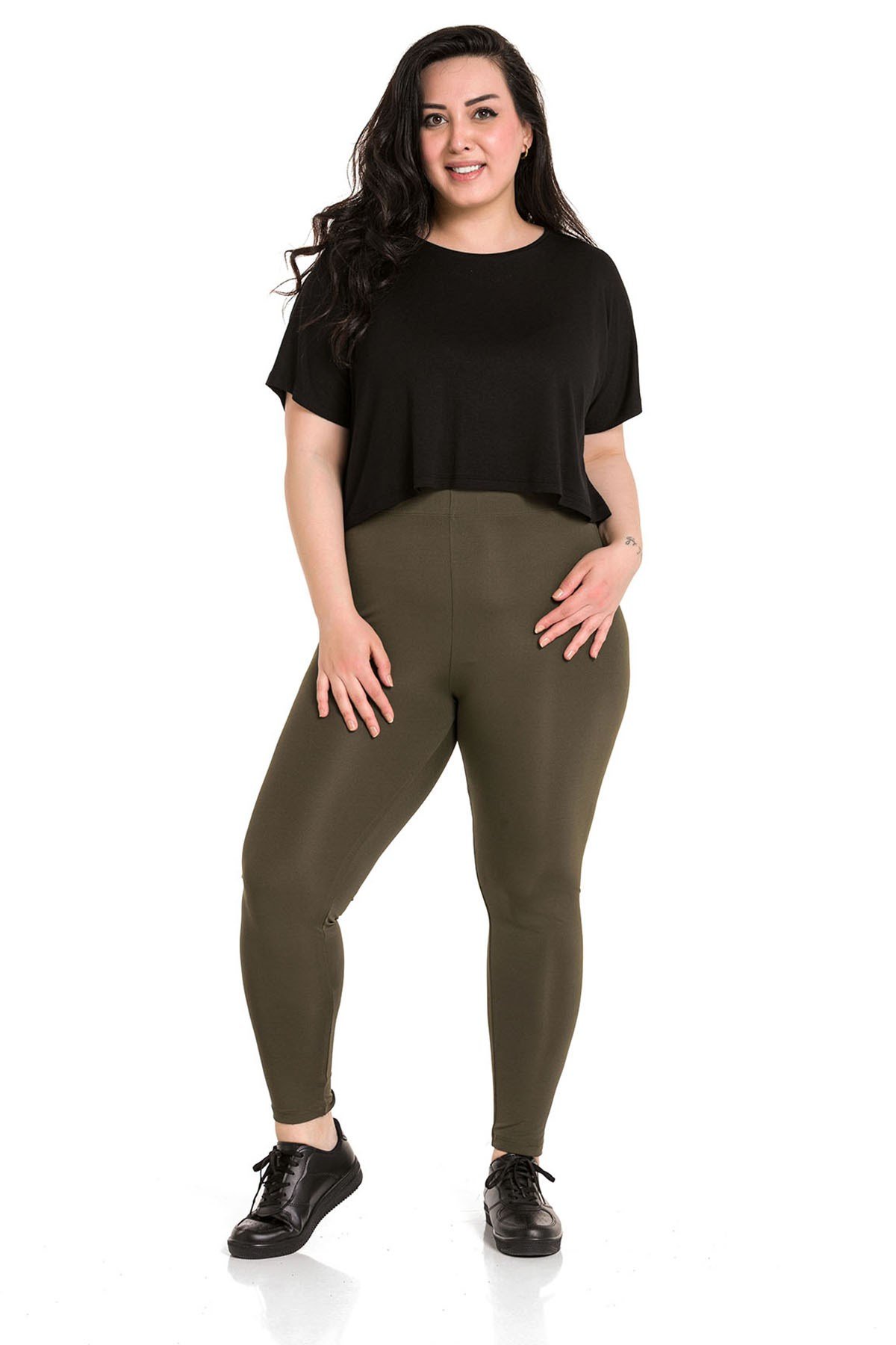 Büyük Beden Beli Lastikli Bilek Hizasında Haki Bayan Tayt