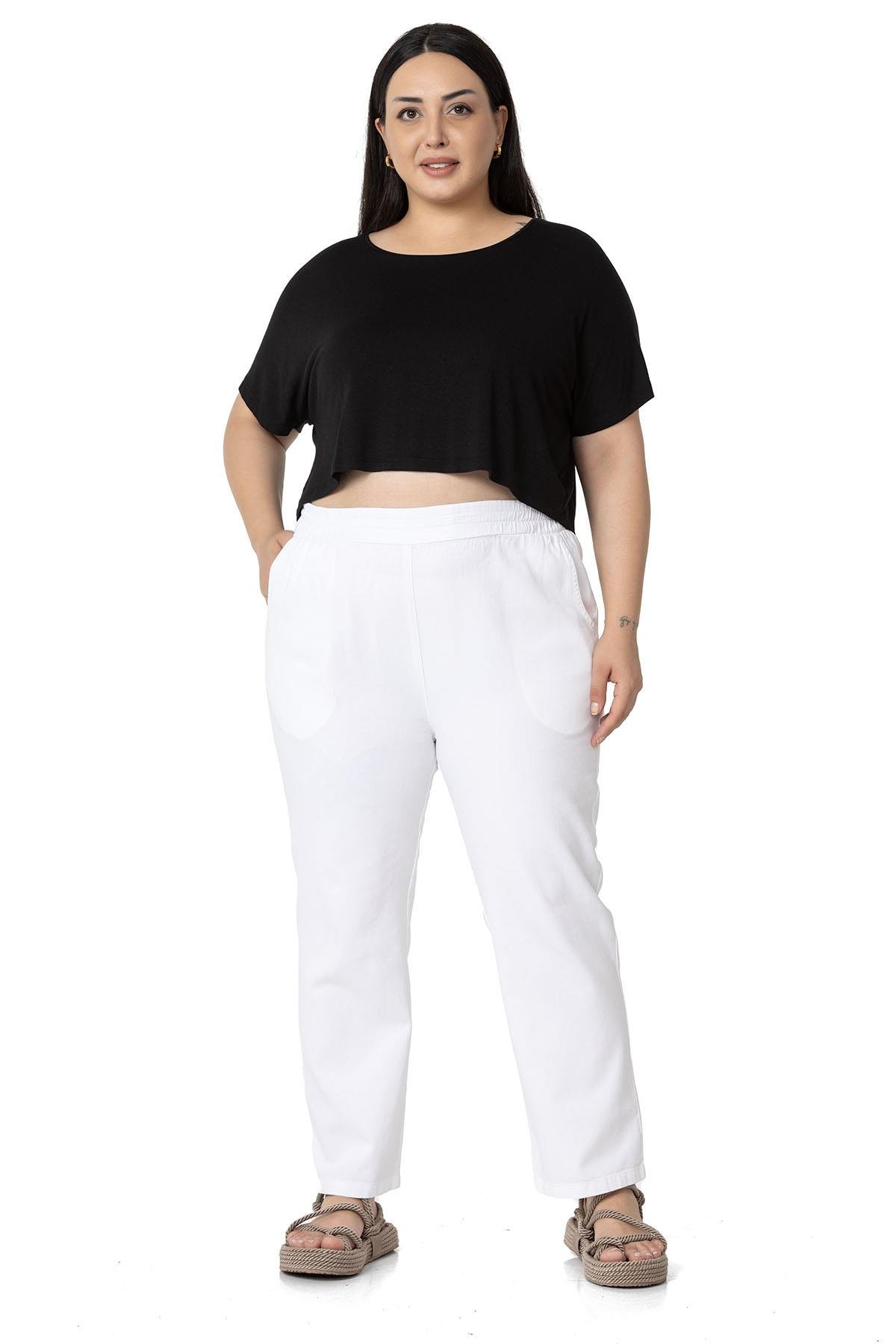 Büyük Beden Beli Lastikli Cepli Gabardin Beyaz Pantolon