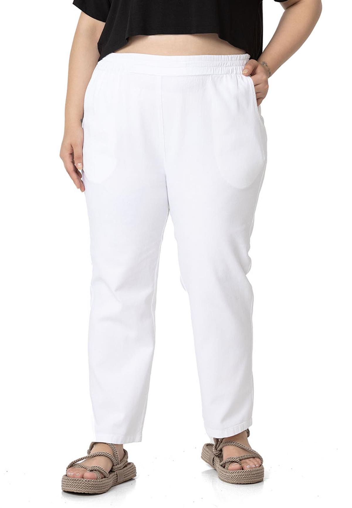 Büyük Beden Beli Lastikli Cepli Gabardin Beyaz Pantolon