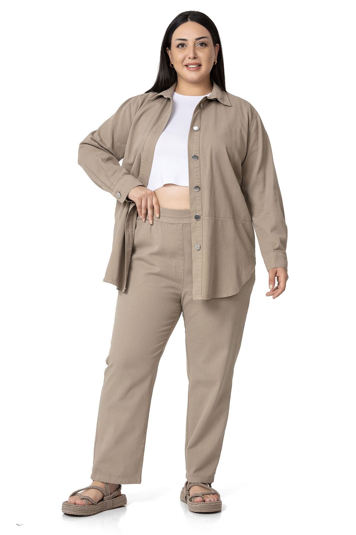 Büyük Beden Beli Lastikli Cepli Gabardin Vizon Pantolon