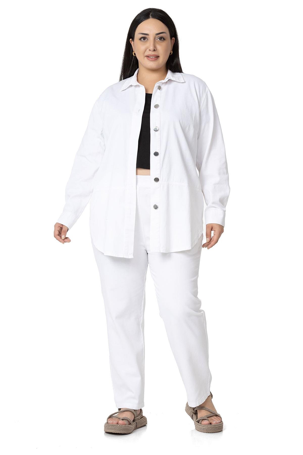 Büyük Beden Beli Lastikli Cepli Gabardin Beyaz Pantolon
