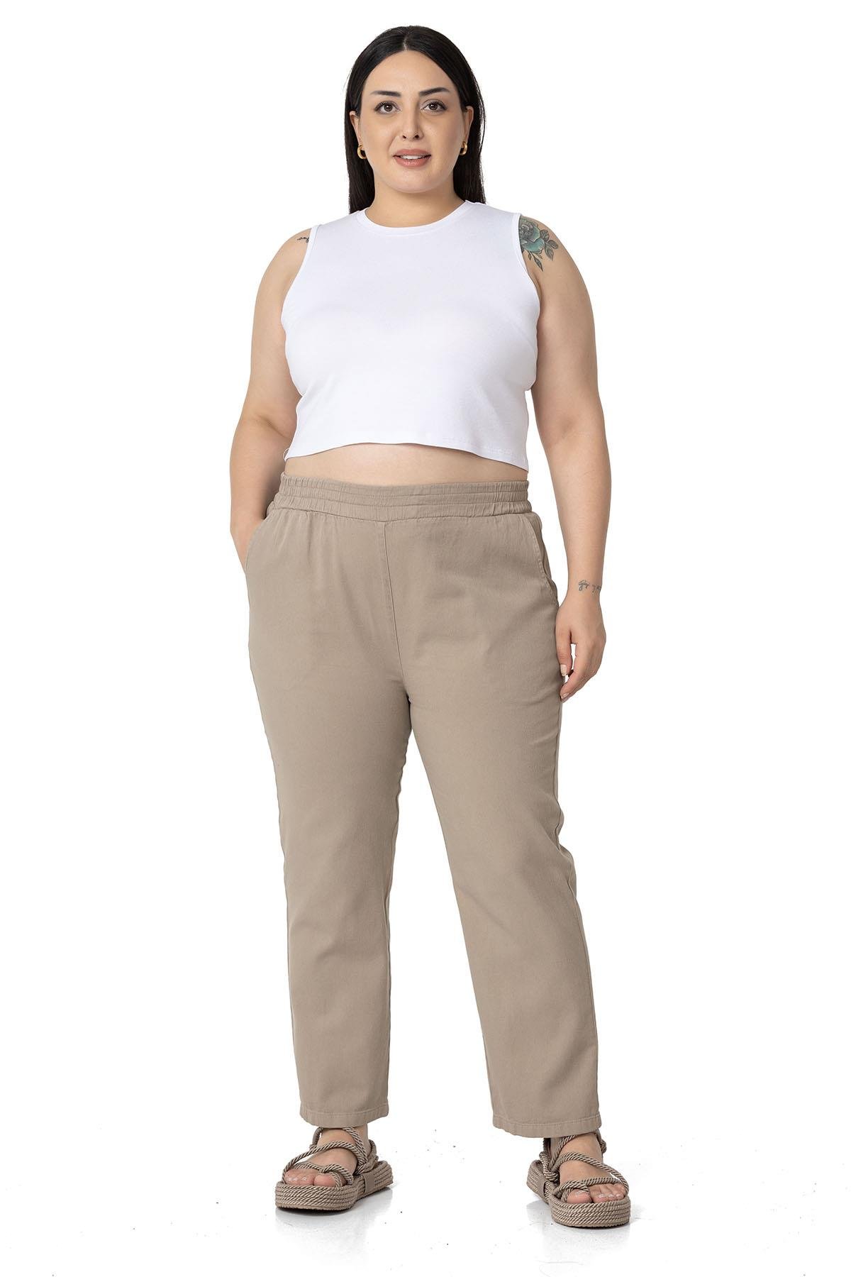 Büyük Beden Beli Lastikli Cepli Gabardin Vizon Pantolon