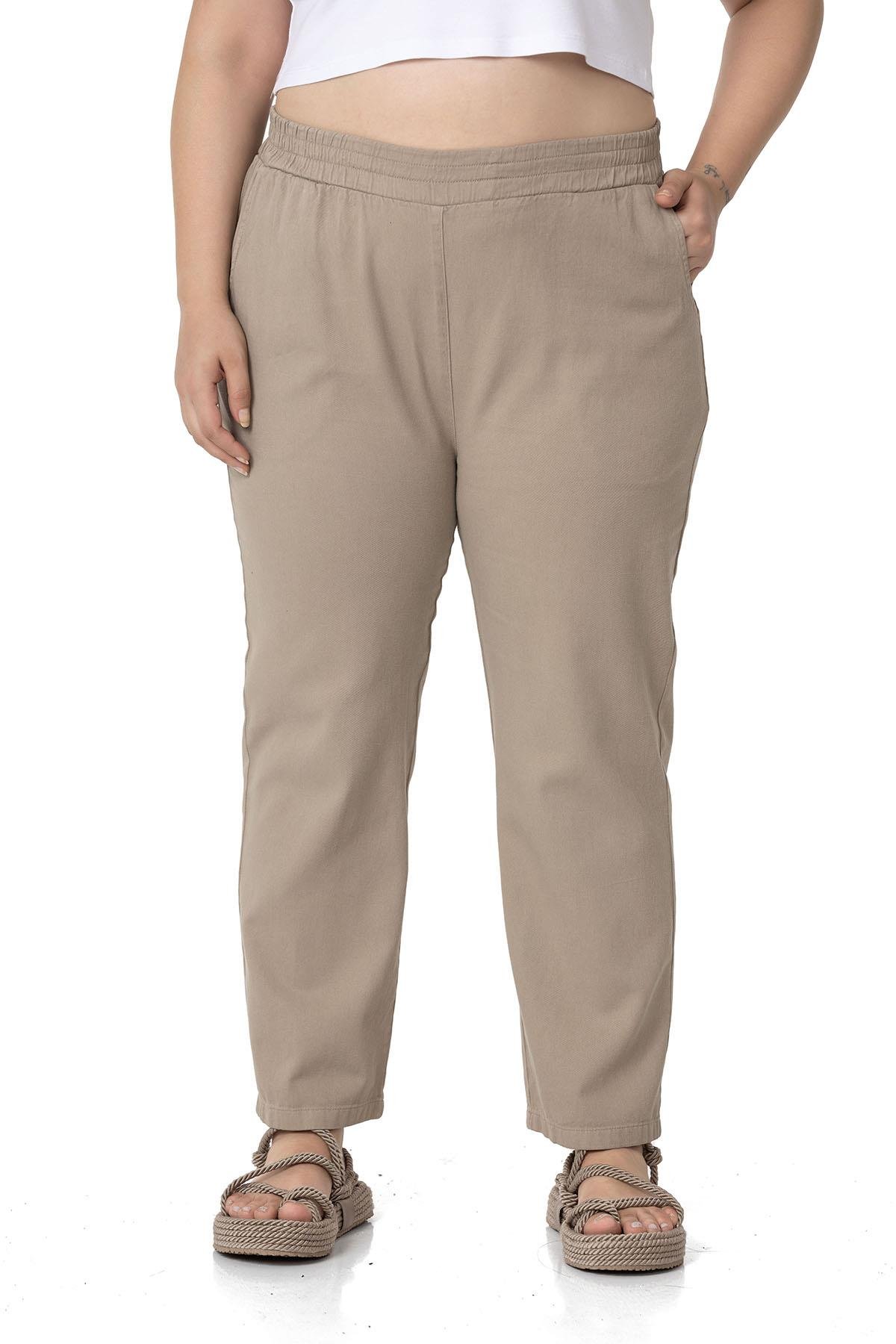 Büyük Beden Beli Lastikli Cepli Gabardin Vizon Pantolon